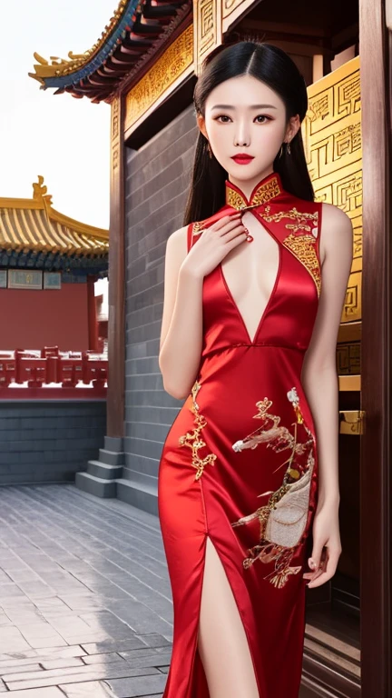 (realistic:1.3), finely detailed, quality, rembrandt lighting, (masterpiece:1.2), (photorealistic:1.2), (best quality), (detailed skin:1.3), (intricate details), dramatic, ray tracing, 1girl, chinese girl, 21 years old, detailed skin texture, (blush:0.5), (goosebumps:0.5), subsurface scattering, smiling, medium breasts, short hair curls, bangs, hair between eyes, lun4r_dr3ss,sexy, red cheongsam, gold embroidery, long sleeves, cleavage cutout, large ornate headdress with gems, cowboy shot, (bright sunny day, outdoors, (on the great wall of china, mountains, sky:1.2)), <lora:lun4r_dr3ss-06:0.8>