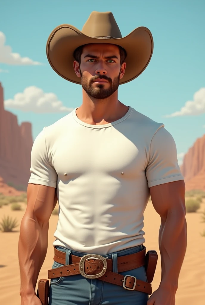 1boy, An incredibly attractive, handsome shirtless young rancher with shaggy black hair, sideburns and bright blue eyes, a small short black goatee, revealing his ripped smooth body, pecs, abs and biceps and (perky hard nipples) while wearing a (light brown) cowboy hat, tight denim jeans with a belt and a (red bandana around his neck). (Standing in front of a beautiful crystal blue lake and lush greenery)<lora:muscle_slider_v1:-2> <lora:add_detail:0.5> <lora:detailSliderALT2:0.5>