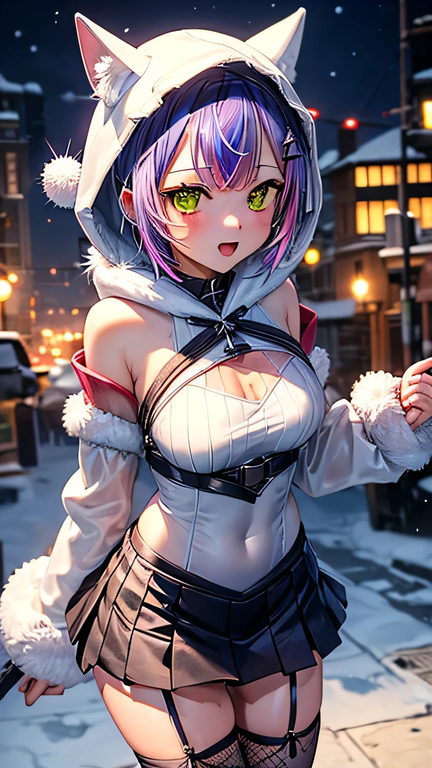 (highest quality)), ((masterpiece)), (Familiar), Perfect Face,Shiny skin,Beautiful breasts、Shiny skin、(((Santa  dress、mini skirt、garter、fish net tights、hoodie、fur)))、oil skin、Sweat、Off the shoulder、Double teeth 、short hair、Big Breasts、Embrace、winter、close、near、night、FIRE BOX、(((White unitard)))、(((Tokoyami Towa (Hololive). )))、