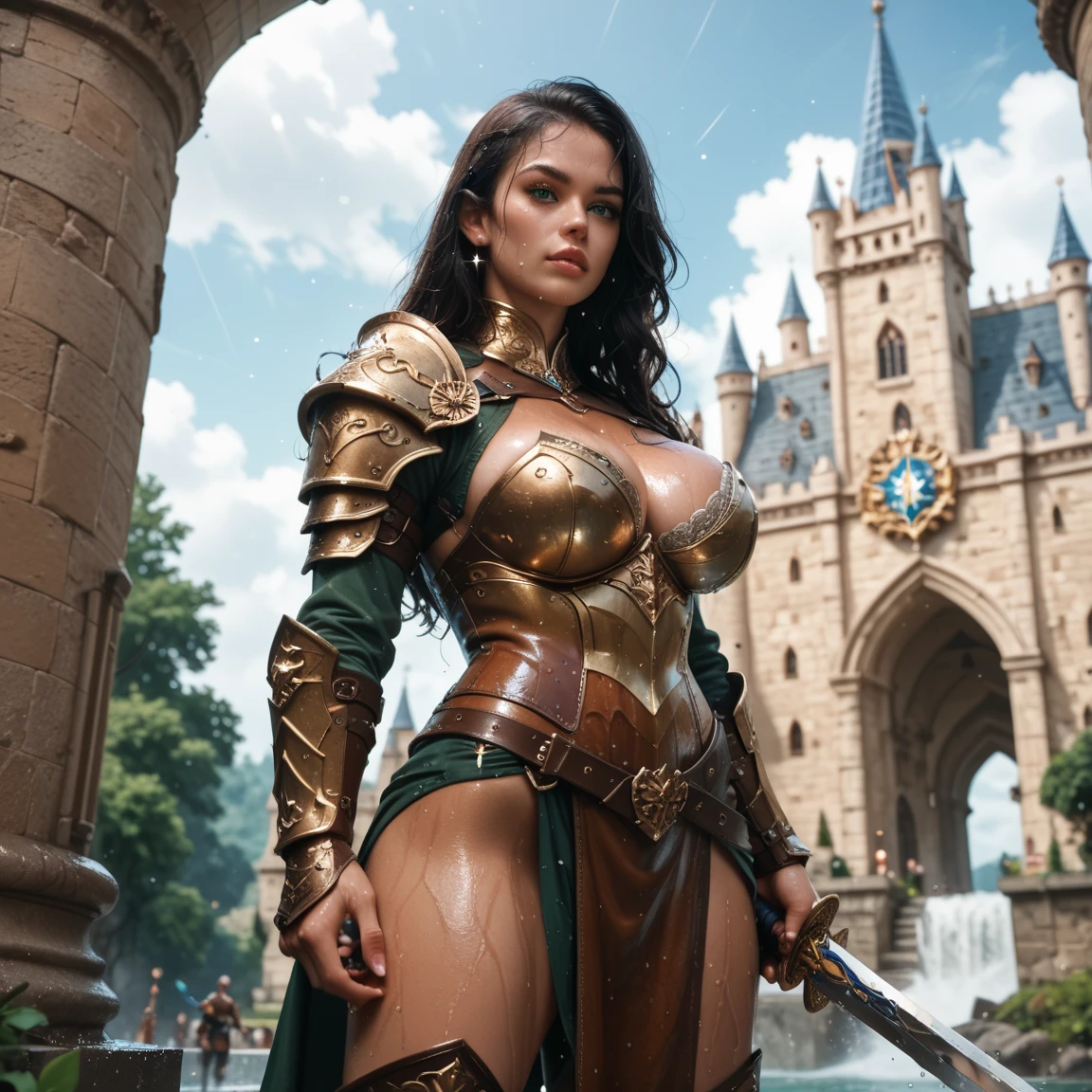 In a panoramic shot, Cinematic, ultra realistic, intricate details, fantasy, epic.
A young Spartan woman, beautiful and dressed like a Spartan warrior, holds a sword. She is the leader of the rebellion that protects a colossal coliseum, full of beasts and beings from mythology. Her enemies descend from the sky and she prepares for an epic war.