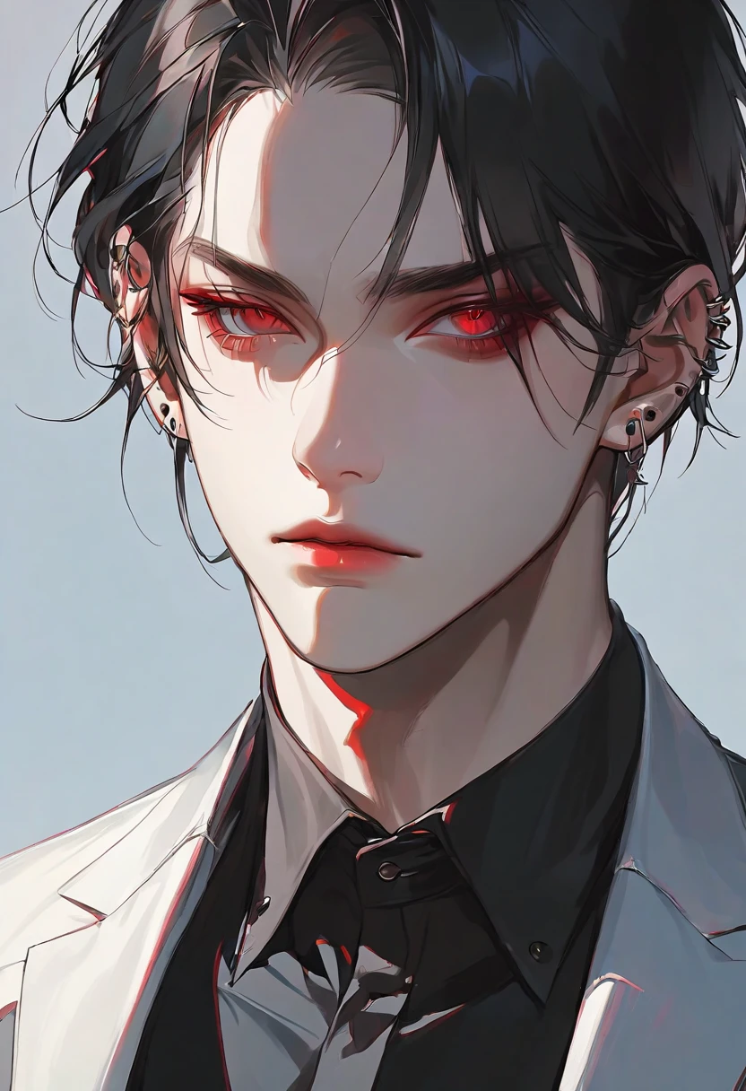 Black hair,male,mafia,group,Red eyes, suit,sexy, ear-piercing ,1 person,Alone, high resolution,Naturally,Korean makeup, top quality , very detailed face,man,young, attractive , good-looking,Short cut