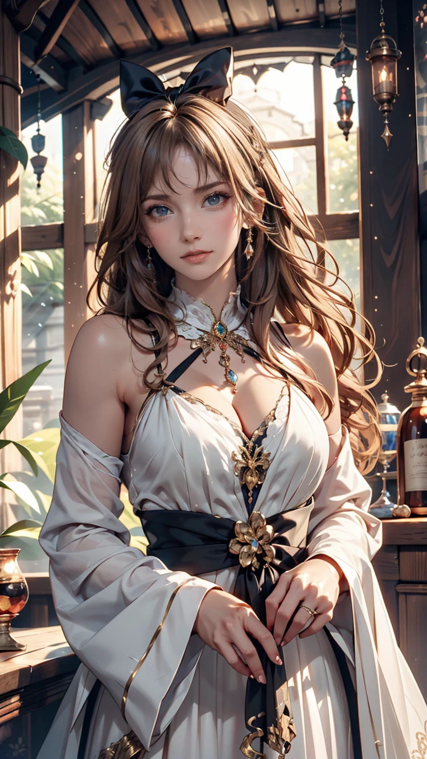 One girl, length_hair, bright_hair_color, Fascinating_eye, mysterious_Performance, mature_exterior, glamorous_Costume, Flowing_dress, elegant_jewelry, complicated_Decoration, magic_symbol, Shine_accessories, Portion, Scroll, cute_accent, bow, ribbon, Flowers,
