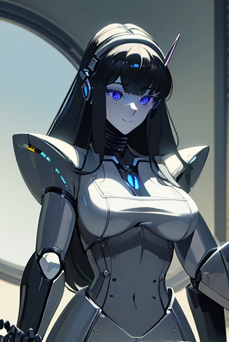 (masterpiece),(Highest quality),(Super detailed),(Best illustrations),(Best Shadow),(Absurd),(Detailed Background),(so beautiful), 16K, 8K, 4K,(Best Shadow),robotization,woman ,big bust,Robot Joint ,Metal skin,Black robot Suit,long hair,a black robot suit that covers the whole body,robot hand,cyber bodysuit,mecha head,(Detailed hands and fingers:1.2),Ball joint robot body,doll joint,beautiful face,beautiful robot girl,robotic eye,robotic hands,(no more human skin),android girl,cyborg girl,F cup, sexy body,(machine made joints:1.2),(machanical limbs:1.1),(blood vessels connected to tubes),(mechanical vertebra attaching to back),(mechanical cervial attaching to neck),no messy picture style,no emotion,tech control,black robot suit,maintenance,smile,hypno,mini skirt,black tights,black pantyhose