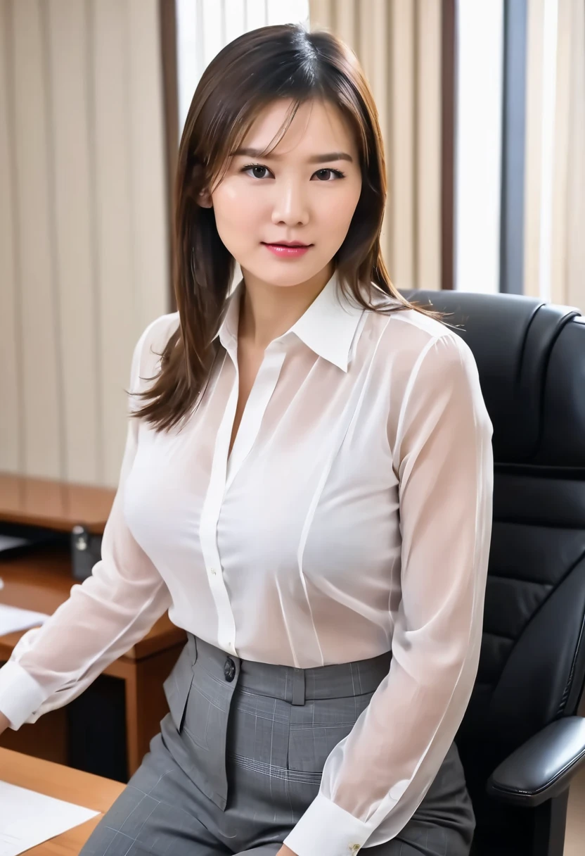 ((highest quality, 8K, masterpiece, Portraiture: 1.3)), (Watching the audience), (Full Shot:0.85), 魅力的なビジネスのMature Woman, 1 person, A little chubby:0.35,Brown medium hair、 White collared shirt, Grey Skirt,((big breasts 2.3)) (big pelvis:0.8), (officeチェアに座っている)), smile:0.2, president'office,Good posture、(((Mature Woman))), (((56 years old)))