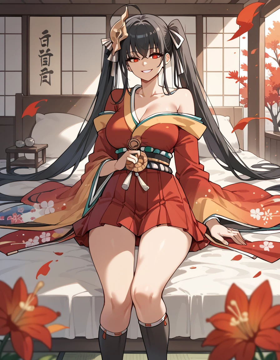 score_9, score_8_up, score_7_up, mlTaiho ,  off shoulder _Short kimono,  long hair ,  black hair,  Twin Tails ,  absolute domain, Wide sleeves,  black thigh high socks,  gigantic_Busty,  hakama short skirt ,  red kimono , red eyes,  hair crossed with bangs  , smile, indoor,  bedroom,  accentuates breasts ,