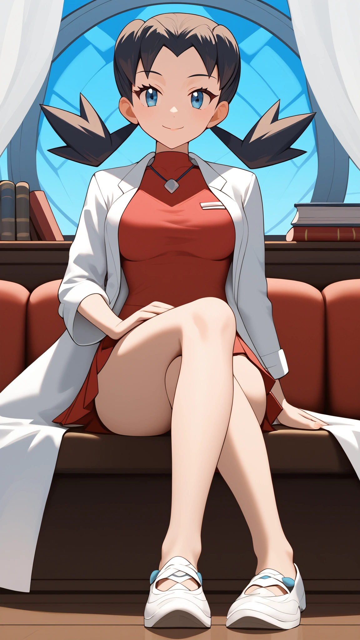 Blue-black hair,  Twin Tails ,  blue eyes,  yellow pleated mini skirt, red sleeveless shirt, white doctor coat , White shoes, Thighs,  beautiful feet, Ample breasts,  Tall,  ANIME COLORING BOOK,  viewers of the pin, 1 Female, Age 18,  standing with different breasts , whole body, Place one hand on hip,  slim figure,  sexy smile,  Seductive Smile,  score_9,  score_8_Excellent,  score_7_Excellent,  score_6_Excellent,  top quality,  source_Anime,  cell shading ,  Flat Color , vector,  Detailed Background , indoor, indoor,  break 1 girl sitting, (\ Pokémon\), Two legs,