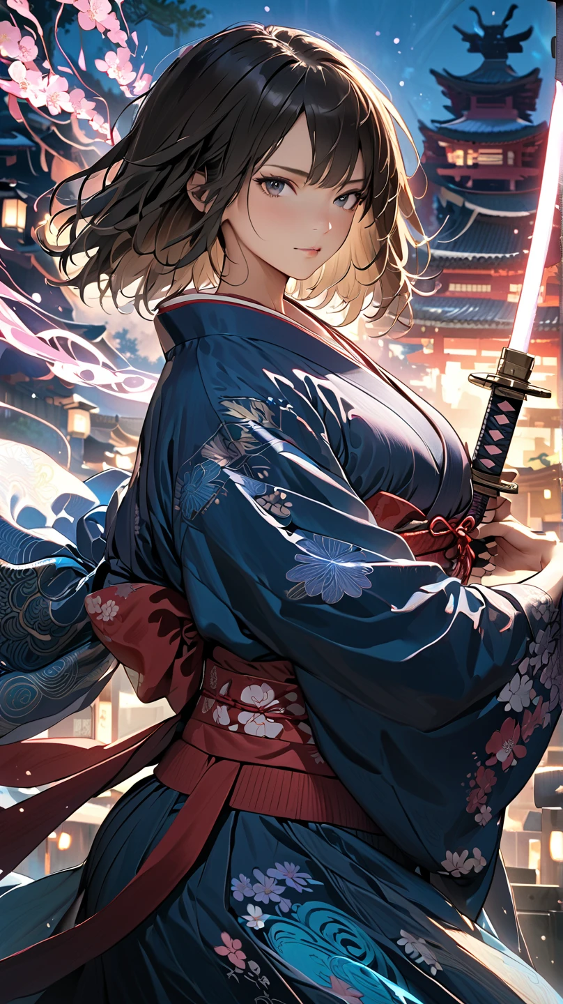 (4k, 8k, masterpiece:1.2), ultra-high-res, (extremely detailed:1.3), dynamic pose, perfect anatomy, (intricate line work:1.3), sharp focus, (digital painting), (vivid colors:1.3), (masterful lighting:1.3), expressive, captivating eyes, Japanese warrior woman, traditional samurai-inspired attire, cerulean yukata with billowing sleeves, (dark, messy short hair), (black hair), intense gaze, dark brown eyes, (pale skin), large breast, athletic, hourglass physique, (loose-fitting hakama-style pants), dynamic movement, katana in hand with glowing energy, combat boots with red laces, (cinematic lighting), (dramatic atmosphere), shrine maiden with a tomboy edge, poised for battle, shrine setting with Japanese architecture in the background, cherry blossoms subtly falling in the wind, cinematic depth of field, glowing aura around the katana, (soft bokeh of traditional Japan), atmospheric, moody, stylized realism, (Marvel Cinematic Universe style), detailed armor accessories, (inspired by Atey Ghailan, Jeremy Mann, and Greg Rutkowski