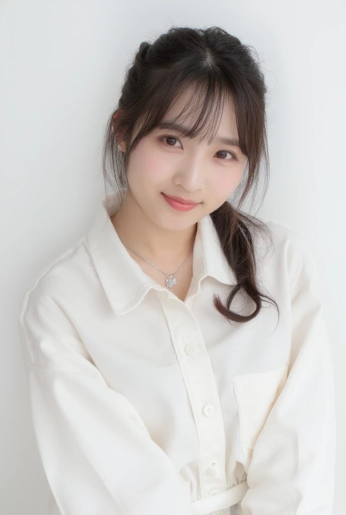 A seated close-up portrait of a cute young Asian woman stands against a stark white backdrop. The woman has dark brown hair with bangs, lighter eyes with darker brown eyebrows, and dark brown eyes. She is smiling, her lips are slightly pursed, and she has a ringed, pink cheeks. The women's hair is pulled back behind her, her bangs are pulled back at the top and cascades over her forehead. She Is wearing a white long-sleeved long-ved shirt that is buttoned up with a collar and buttoning down its chest. She appears to be posing for a camera. Her right arm is turned at the side of the frame, and her left wrist is tucked beneath her waist. She has a silver necklace with a small gray charm. The necklace is on her lower lip area, while one of her ears is open on the right.