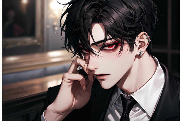 Black hair,male,mafia,group,Red eyes, suit,sexy, ear-piercing ,1 person,Alone, high resolution,Naturally,Korean makeup, top quality , very detailed face,man,young, attractive , good-looking,Short cut