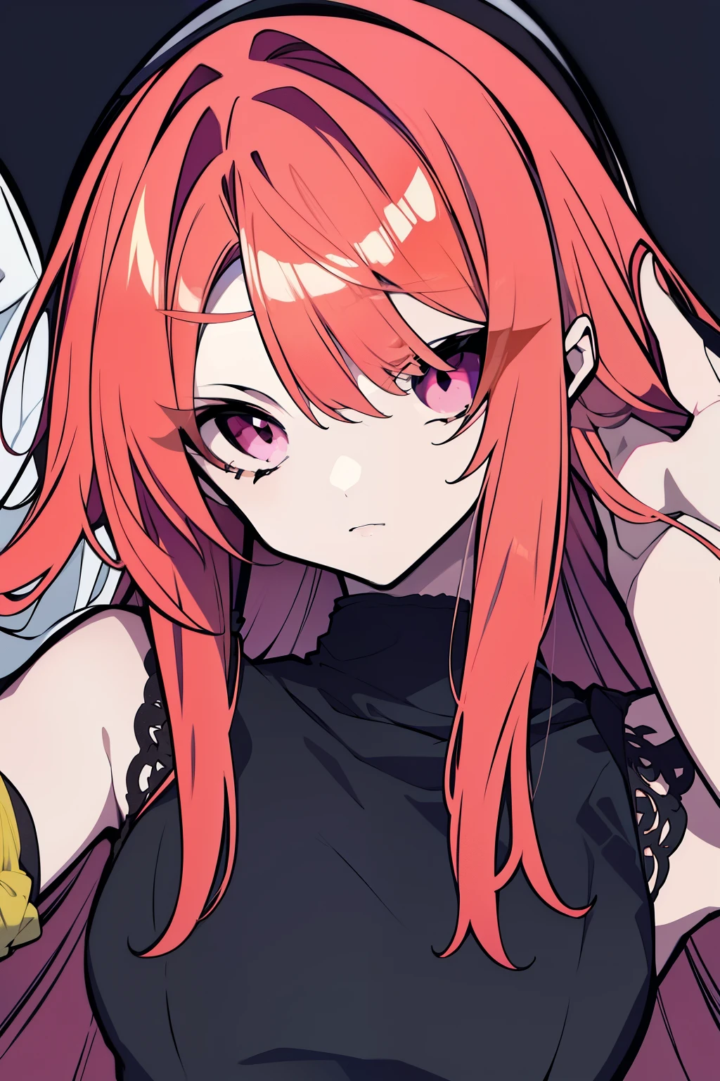 Pink eyes and orange hair black with white dress.