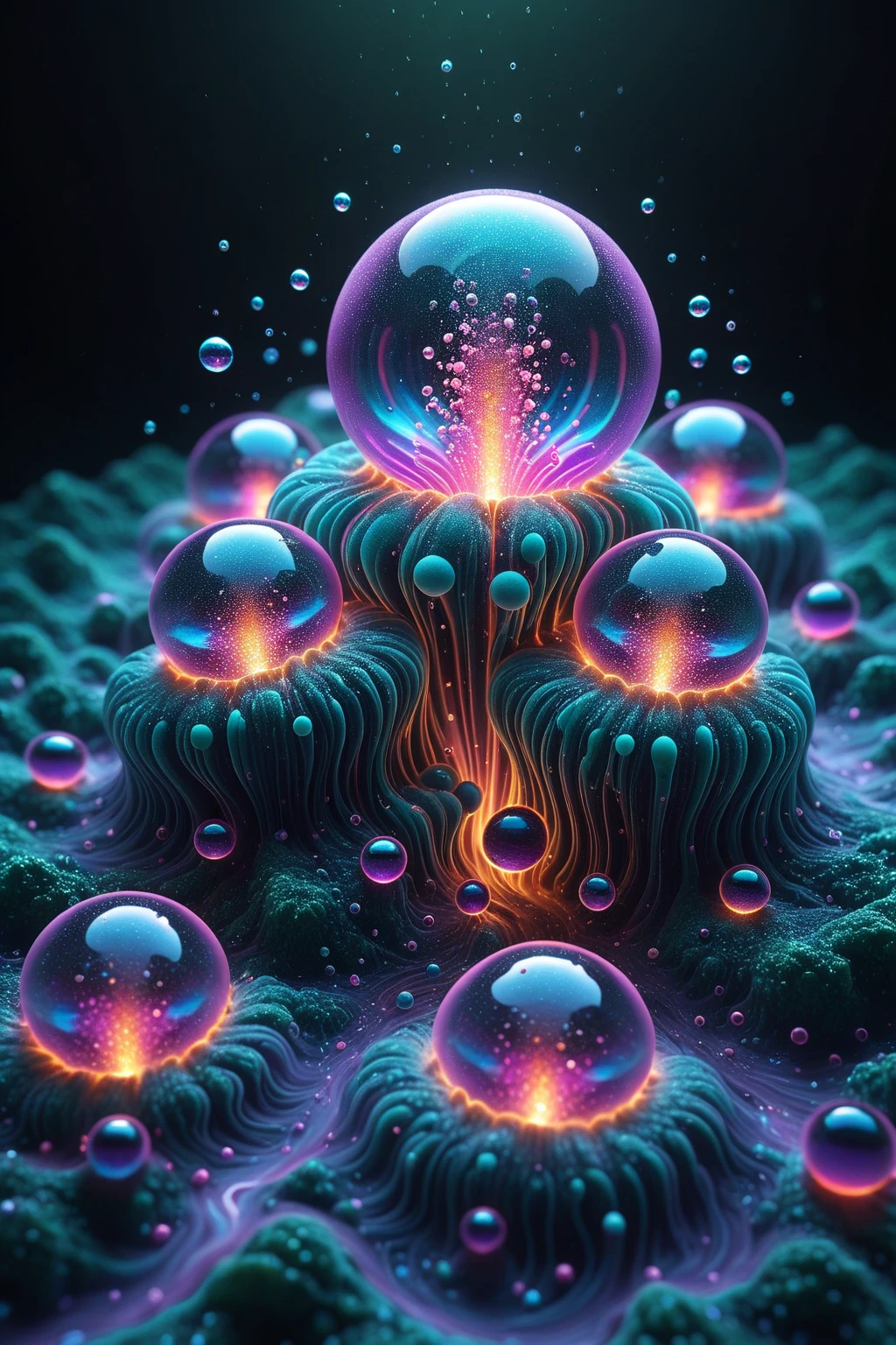 A close up of beautiful bubbles floating on top of each other, Glowing Nightmare, Glowing Runes_green Glowing Runes_pink,LSD, DMT imagery. octane render, psychedelic droplets of water, abstract liquid, and intricate rainbow art. octane render, black 3d fluid simulation,  ethereal bubbles, swirling liquids, and highly detailed, octane render, reflective rainbow bubbles, twisted colors inside of glass spheres, Psilocybin Dream inside an amazing image of light emerging from colors in a shimmering glass morphing out of colors, bright neon and fluorescent colors,very bright, vibrant colors, perfectly formed and symmetrical reflective bubbles and spheres, attention to detail with these beautiful bubbles and spheres, Extreme Hallucinations in a gorgeous piece of  psychedelic digital artwork, Stunning, pixel art, tripped out colors, 4d mandelbulb psychedelics, glass like psychedelic landscape, intricate rainbow environment, psychedelic underwater brightness and glow with neon colors, glowing colors twist inside of translucent glass spheres and bubbles with light and color reflecting off of both in bright fluorescent colors, psychedelic trip, fluorescent and neon aesthetic, psychedelic vibrant colors, bright psychedelic paint splattered backgrounds,swirling spirals and vortex, bright vibrant colors popping out from 3d glass spheres, Rotational Symmetry, Pixel Assets, Portrait photography, Surrealism, Photorealistic, Hyperdetailed, Glass Morphism, Digital Art, Sparkle, Optical Illusion, Glowing Light, Reflective Light, Overexposure, Backlighting, Depth Of Field, Spheres and bubbles show perfect Symmetry, Awe inspiring, Breathtaking, Indescribably Beautiful, Heaven sent images, Best Quality, Award Winning, MasterpieceA close up of beautiful bubbles floating on top of each other, LSD, DMT imagery. octane render, psychedelic droplets of water, abstract liquid, and intricate rainbow art. octane render, black 3d fluid simulation,  ethereal bubbl