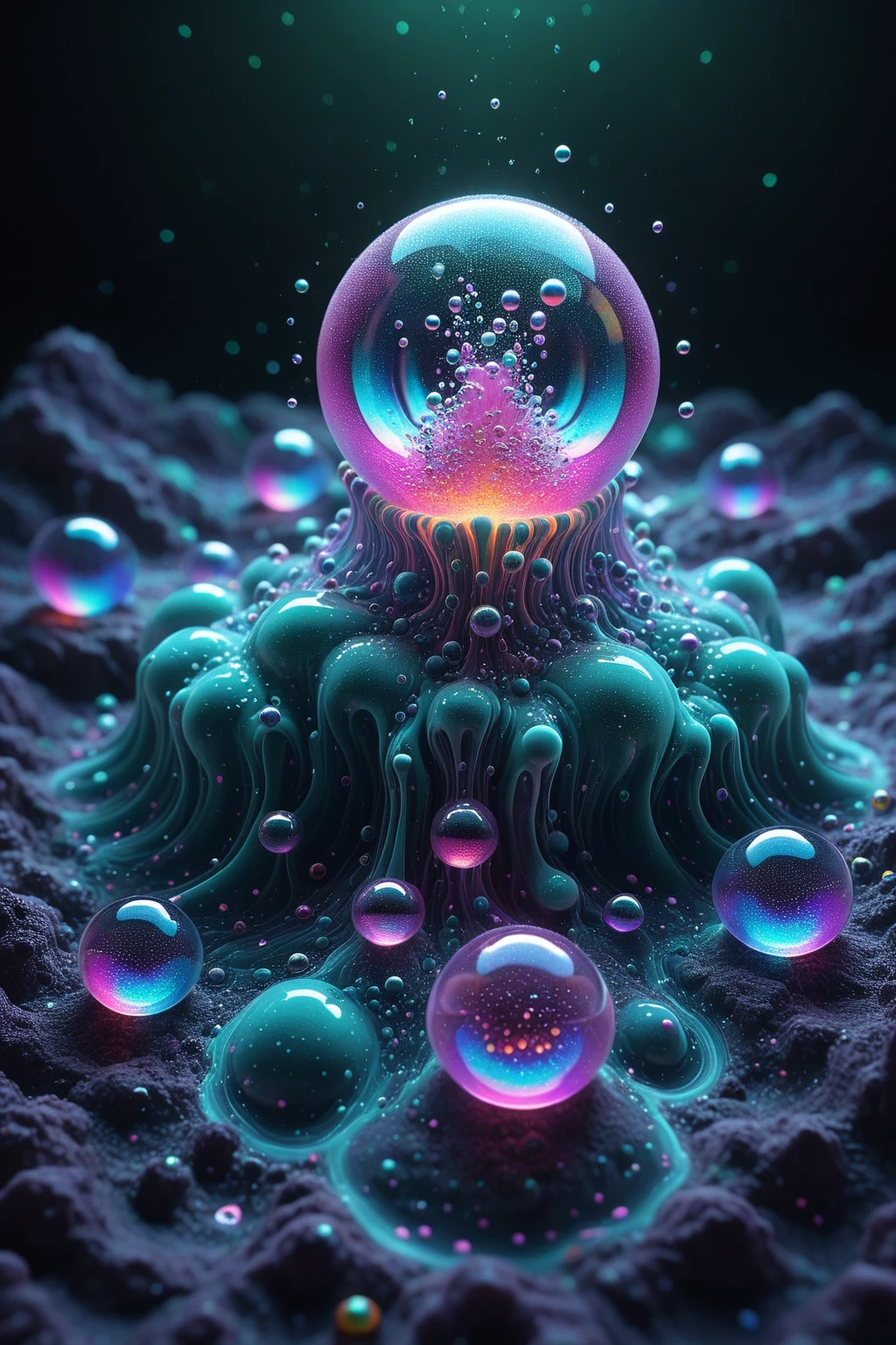 A close up of beautiful bubbles floating on top of each other, Glowing Nightmare, Glowing Runes_green Glowing Runes_pink,LSD, DMT imagery. octane render, psychedelic droplets of water, abstract liquid, and intricate rainbow art. octane render, black 3d fluid simulation,  ethereal bubbles, swirling liquids, and highly detailed, octane render, reflective rainbow bubbles, twisted colors inside of glass spheres, Psilocybin Dream inside an amazing image of light emerging from colors in a shimmering glass morphing out of colors, bright neon and fluorescent colors,very bright, vibrant colors, perfectly formed and symmetrical reflective bubbles and spheres, attention to detail with these beautiful bubbles and spheres, Extreme Hallucinations in a gorgeous piece of  psychedelic digital artwork, Stunning, pixel art, tripped out colors, 4d mandelbulb psychedelics, glass like psychedelic landscape, intricate rainbow environment, psychedelic underwater brightness and glow with neon colors, glowing colors twist inside of translucent glass spheres and bubbles with light and color reflecting off of both in bright fluorescent colors, psychedelic trip, fluorescent and neon aesthetic, psychedelic vibrant colors, bright psychedelic paint splattered backgrounds,swirling spirals and vortex, bright vibrant colors popping out from 3d glass spheres, Rotational Symmetry, Pixel Assets, Portrait photography, Surrealism, Photorealistic, Hyperdetailed, Glass Morphism, Digital Art, Sparkle, Optical Illusion, Glowing Light, Reflective Light, Overexposure, Backlighting, Depth Of Field, Spheres and bubbles show perfect Symmetry, Awe inspiring, Breathtaking, Indescribably Beautiful, Heaven sent images, Best Quality, Award Winning, MasterpieceA close up of beautiful bubbles floating on top of each other, LSD, DMT imagery. octane render, psychedelic droplets of water, abstract liquid, and intricate rainbow art. octane render, black 3d fluid simulation,  ethereal bubbl