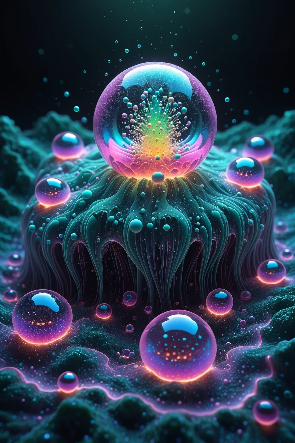 A close up of beautiful bubbles floating on top of each other, Glowing Nightmare, Glowing Runes_green Glowing Runes_pink,LSD, DMT imagery. octane render, psychedelic droplets of water, abstract liquid, and intricate rainbow art. octane render, black 3d fluid simulation,  ethereal bubbles, swirling liquids, and highly detailed, octane render, reflective rainbow bubbles, twisted colors inside of glass spheres, Psilocybin Dream inside an amazing image of light emerging from colors in a shimmering glass morphing out of colors, bright neon and fluorescent colors,very bright, vibrant colors, perfectly formed and symmetrical reflective bubbles and spheres, attention to detail with these beautiful bubbles and spheres, Extreme Hallucinations in a gorgeous piece of  psychedelic digital artwork, Stunning, pixel art, tripped out colors, 4d mandelbulb psychedelics, glass like psychedelic landscape, intricate rainbow environment, psychedelic underwater brightness and glow with neon colors, glowing colors twist inside of translucent glass spheres and bubbles with light and color reflecting off of both in bright fluorescent colors, psychedelic trip, fluorescent and neon aesthetic, psychedelic vibrant colors, bright psychedelic paint splattered backgrounds,swirling spirals and vortex, bright vibrant colors popping out from 3d glass spheres, Rotational Symmetry, Pixel Assets, Portrait photography, Surrealism, Photorealistic, Hyperdetailed, Glass Morphism, Digital Art, Sparkle, Optical Illusion, Glowing Light, Reflective Light, Overexposure, Backlighting, Depth Of Field, Spheres and bubbles show perfect Symmetry, Awe inspiring, Breathtaking, Indescribably Beautiful, Heaven sent images, Best Quality, Award Winning, MasterpieceA close up of beautiful bubbles floating on top of each other, LSD, DMT imagery. octane render, psychedelic droplets of water, abstract liquid, and intricate rainbow art. octane render, black 3d fluid simulation,  ethereal bubbl