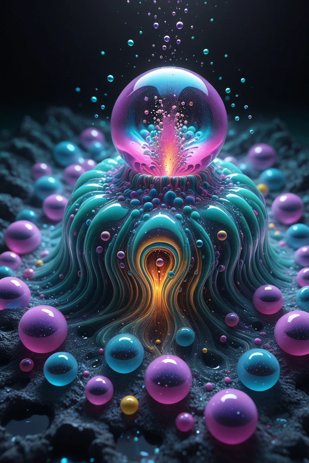 A close up of beautiful bubbles floating on top of each other, Glowing Nightmare, Glowing Runes_green Glowing Runes_pink,LSD, DMT imagery. octane render, psychedelic droplets of water, abstract liquid, and intricate rainbow art. octane render, black 3d fluid simulation,  ethereal bubbles, swirling liquids, and highly detailed, octane render, reflective rainbow bubbles, twisted colors inside of glass spheres, Psilocybin Dream inside an amazing image of light emerging from colors in a shimmering glass morphing out of colors, bright neon and fluorescent colors,very bright, vibrant colors, perfectly formed and symmetrical reflective bubbles and spheres, attention to detail with these beautiful bubbles and spheres, Extreme Hallucinations in a gorgeous piece of  psychedelic digital artwork, Stunning, pixel art, tripped out colors, 4d mandelbulb psychedelics, glass like psychedelic landscape, intricate rainbow environment, psychedelic underwater brightness and glow with neon colors, glowing colors twist inside of translucent glass spheres and bubbles with light and color reflecting off of both in bright fluorescent colors, psychedelic trip, fluorescent and neon aesthetic, psychedelic vibrant colors, bright psychedelic paint splattered backgrounds,swirling spirals and vortex, bright vibrant colors popping out from 3d glass spheres, Rotational Symmetry, Pixel Assets, Portrait photography, Surrealism, Photorealistic, Hyperdetailed, Glass Morphism, Digital Art, Sparkle, Optical Illusion, Glowing Light, Reflective Light, Overexposure, Backlighting, Depth Of Field, Spheres and bubbles show perfect Symmetry, Awe inspiring, Breathtaking, Indescribably Beautiful, Heaven sent images, Best Quality, Award Winning, MasterpieceA close up of beautiful bubbles floating on top of each other, LSD, DMT imagery. octane render, psychedelic droplets of water, abstract liquid, and intricate rainbow art. octane render, black 3d fluid simulation,  ethereal bubbl