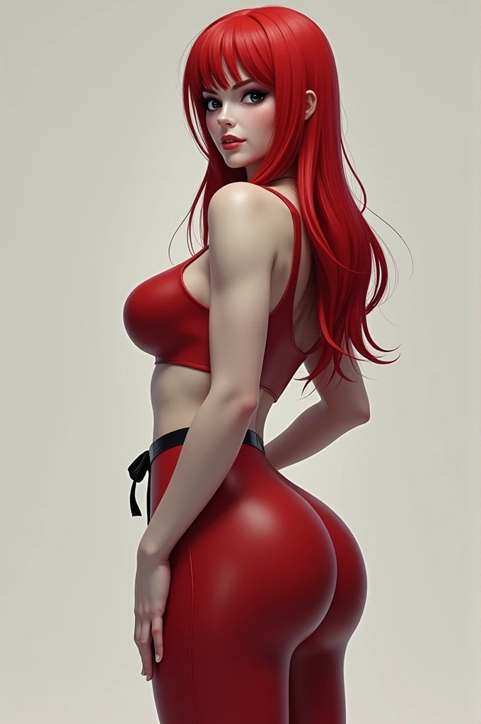 Adult woman, cabelos pretos longos, rabo de cavalo alto, olhos vermelhos, quimono vermelho, barriga aberta, seios enormes, coxas abertas, sorriso, master part, Hiqualidade