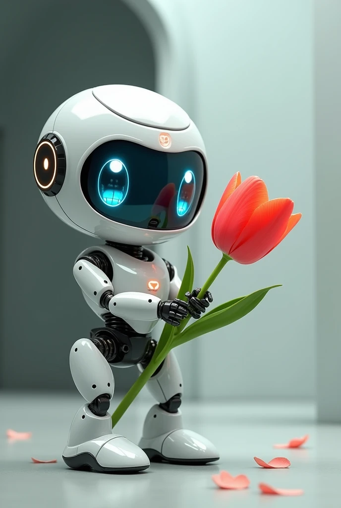 blue-eyed baby robot delivering a tulip