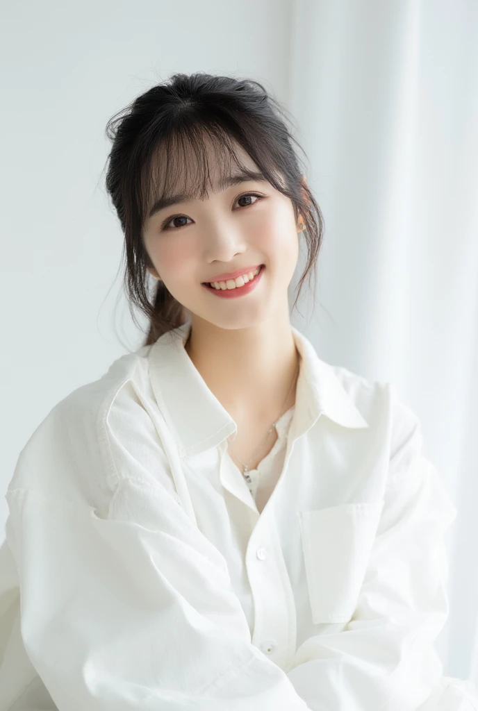 A seated close-up portrait of a cute young Asian woman stands against a stark white backdrop. The woman has dark brown hair with bangs, lighter eyes with darker brown eyebrows, and dark brown eyes. She is smiling, her lips are slightly pursed, and she has a ringed, pink cheeks. The women's hair is pulled back behind her, her bangs are pulled back at the top and cascades over her forehead. She Is wearing a white long-sleeved long-ved shirt that is buttoned up with a collar and buttoning down its chest. She appears to be posing for a camera. Her right arm is turned at the side of the frame, and her left wrist is tucked beneath her waist. She has a silver necklace with a small gray charm. The necklace is on her lower lip area, while one of her ears is open on the right.