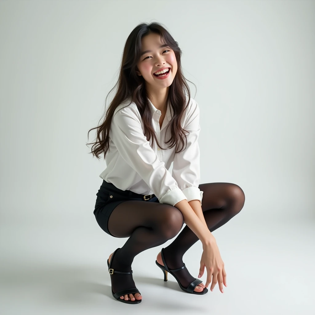 (Highest quality, masterpiece, Photo Real, Super detailed, Ultra-high resolution, born:1.3), (Two girls laughing at the camera), beautiful, Japanese, 20-year-old, (mini skirt), (Looking at the camera and laughing with his mouth wide open), high waist, office, (Long legs, High heels, whole body:1.2),(Low - Angle:1.2)