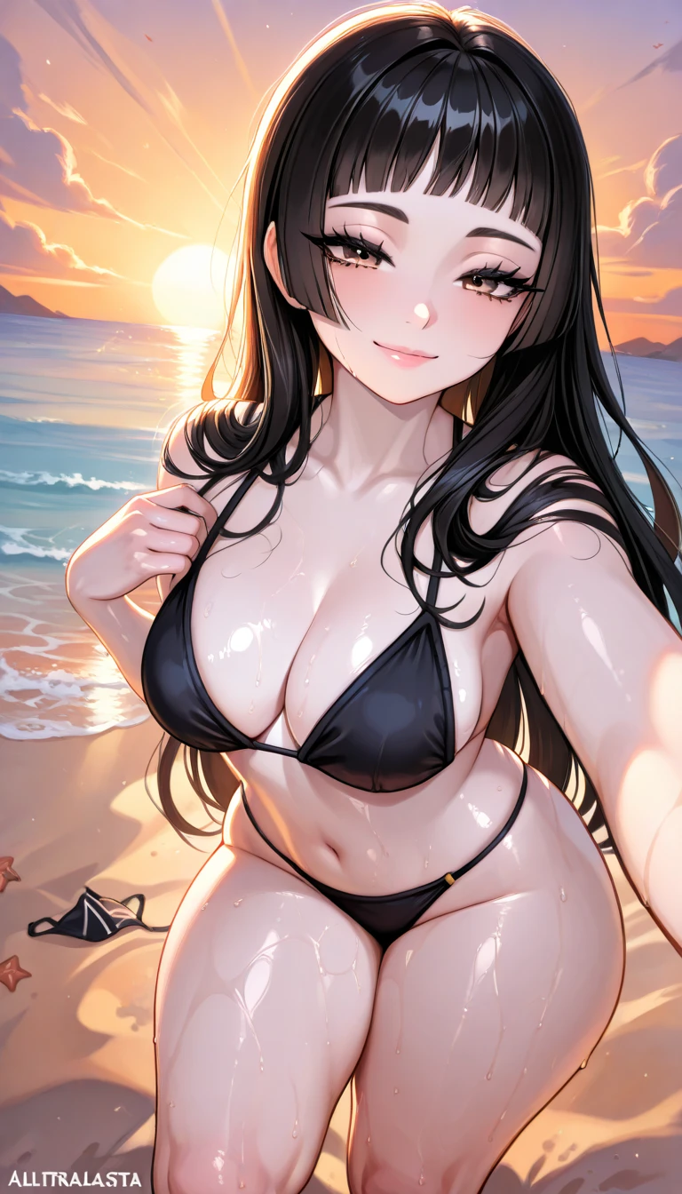 
, kamibura,(  medium breasts,  black hair,straight hair, light smile, hime cut,  black hair,short bangs,flowing hair ,   thick thighs , pale skin, light brown eyes, eyelash, lips, ultrarealista, cleavage, Wear only a black bikini,  exposed legs  , big breast , thick thighs ,  At knee height ,  bright, oily skin ,
Selfie,focus only,    half-closed eyes  ,   smiling, on the beach ,sunset light , wind, loose hair  