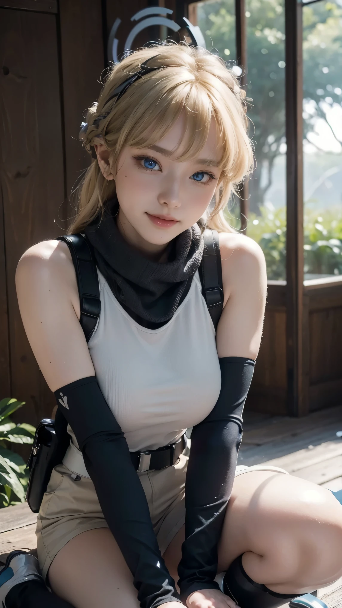 ((masterpiece、ultra fine photos、top-quality、超A high resolution、Photorealsitic、foco nítido、(bustshot、Focus from the chest up、Beautiful Female Soldier、30-year-old woman with)))、delicated face、((fair white skin、blue eyess、Blonde Shorthair))、Military Beret、Camouflage Special Forces Uniform、Black Tactical Vest、Camouflage Military Long Pants、Black combat gloves、rucksack、Black Military Undershirt、Detailed face and chest depiction、Detailed hand depiction、combat pose、Dynamic action、in woods、White smoke、watching at viewers