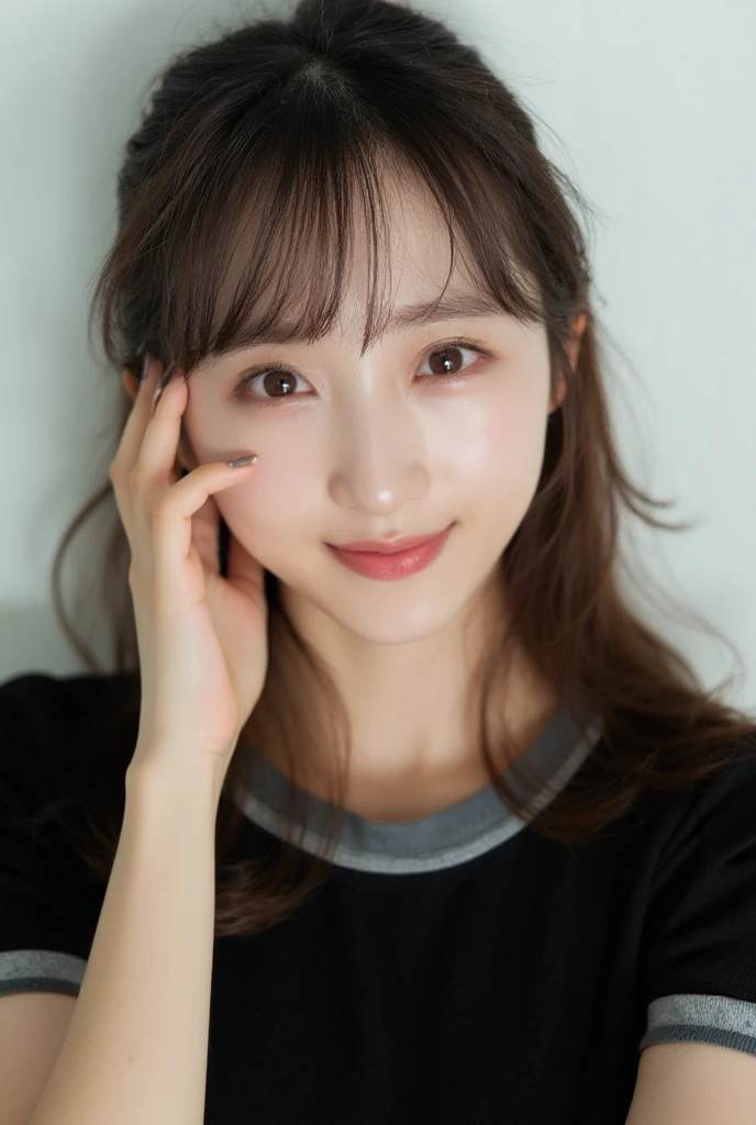 An overhead view of an Asian cute woman, with bangs and long, straight brown hair reaches all around her shoulders. She's head in two rows, her left side by a small amount of water on her face. Her eyebrows, their eyes are slightly turned to the side, with a few of them perched on their right ear. The woman's right arm is positioned in front of her face, her right hand resting on her left ear. She is smiling, her lips slightly lighter purple. She has a soft, smooth texture all she is holding in the air. She wears a black t-shirt with a dark-gray trim. The background behind her is a light white wall.