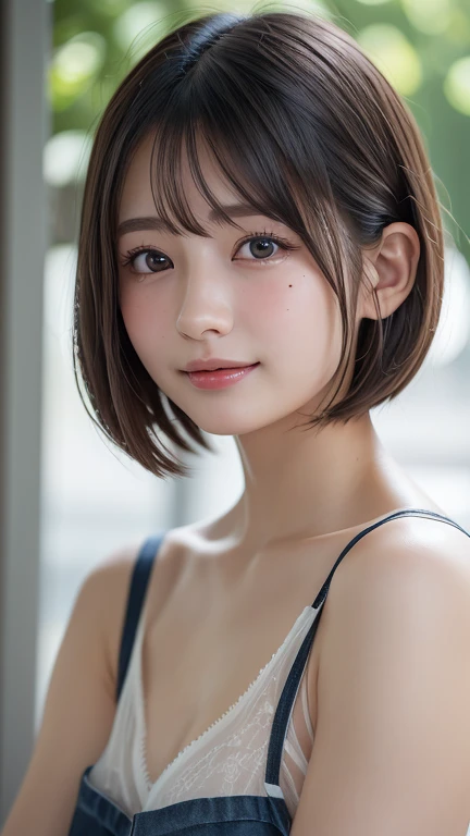 girl, White skin, Dark brown short tiered hair, V cut with layers and bangs, Brown eyes, Soft atmosphere characteristics (Highest quality, Ultra-high resolution, 8K, RAW Photos, Ultra-high resolution: 1.2, masterpiece: 1.2), (Realistic, Realistic: 1.37), Very detailed, Professional Lighting, Photon Mapping, Radio City, Physically Based Rendering, Japanese, Two Girls, Black Hair, cute, Nice, Adorable, A light smile, Normal chest,naked,shower、Back view