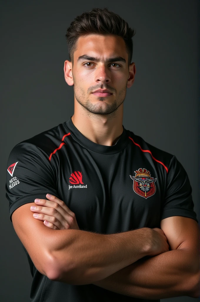 Create a black and red soccer jersey