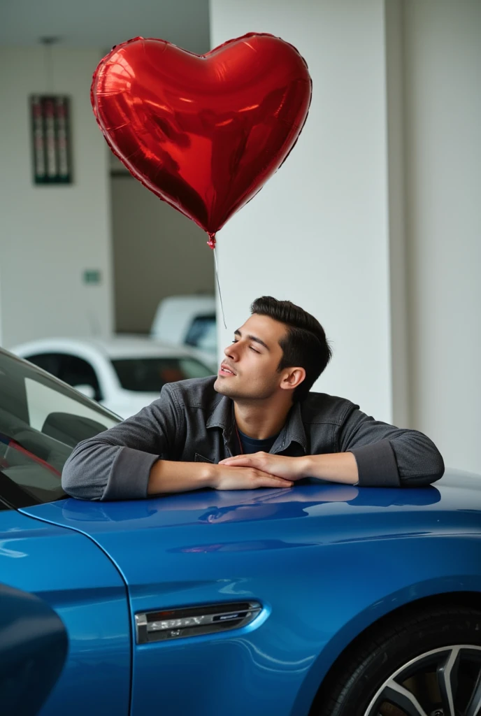 Image of an 18-year-old man with his eyes closed happy with his blue BMW and leaning on his side, lying his head on his arms in the car, Is there a metallic red heart balloon floating above the boy . Fundo is a luxury car store