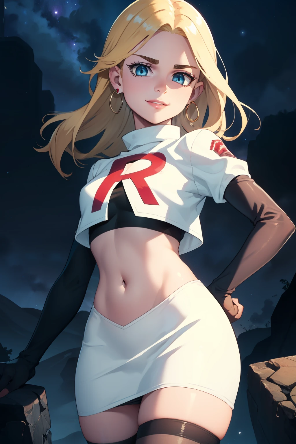 historia,blond hair,blue eyes,glossy lips, earrings ,team rocket, team rocket uniform, red letter R, white skirt, white crop top, black thigh-highs, black elbow gloves, evil smile, looking at viewer, hands on hips,night sky background