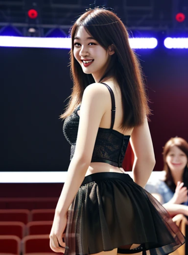 sexy,((55 year old mature woman 1.4)),Full body photo of a 55 year old Japanese married mature woman, ((Sweaty skin 1.5)),((Shiny skin 1.5)),(Nice body),((White mini skirt and tight short top exposes stomach and navel)), (I have long hair), ((Posing in front of the crowd on a concert stage)), ((Beautiful face with slits)),Daytime scenery, ((Curvy and mature figure)), ((She looks straight into the camera with a sexy grin)), Soft Volume Light, Intricate details, (Art Station:1.2),((Thighs))