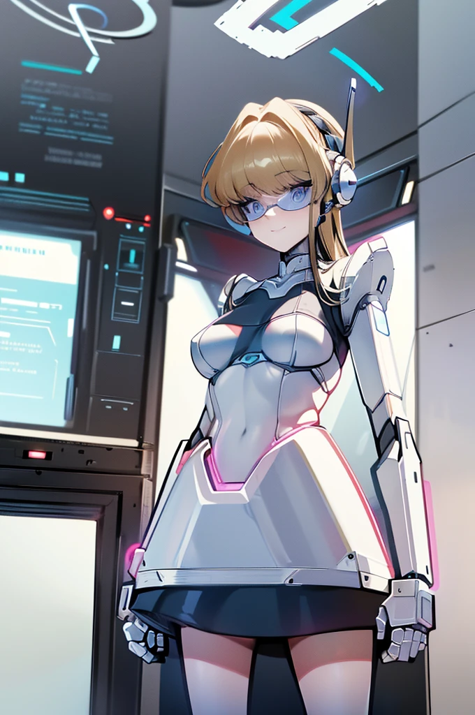 masterpiece, best quality, extremely detailed, (8K, 4K, Best Quality, hight resolution, 超A high resolution:1.1), ,8k portrait, Japaese android Girl,Plump , dark black leg cover,announcer,control panels,android,Droid,Mechanical Hand, Robot arms and legs, Black Robot Parts,Black hair,Mechanical body,Blunt bangs,perfect mechanical abdomen,White robotics parts,perfect robot woman,future laboratory,cyber pank,charging spot,laboratory,long tube,thick cable connected her neck,white ceramic body ,perfect mechanical body, white robot body,lod antenna,mechanical ear cover,android,robot humanoid,black sponge joints,The removable cover is in the groin,The connection port is in the groin,opened chest panel,access panel on the chest,opened breast panel,perfect mechanical breast,perfect machine body,perfect android body,She has repaired,assembly plant,miniskirt,dark black tights,dark black leggings,smile