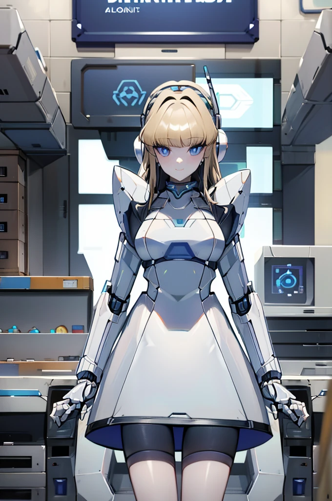 masterpiece, best quality, extremely detailed, (8K, 4K, Best Quality, hight resolution, 超A high resolution:1.1), ,8k portrait, Japaese android Girl,Plump , dark black leg cover,announcer,control panels,android,Droid,Mechanical Hand, Robot arms and legs, Black Robot Parts,Black hair,Mechanical body,Blunt bangs,perfect mechanical abdomen,White robotics parts,perfect robot woman,future laboratory,cyber pank,charging spot,laboratory,long tube,thick cable connected her neck,white ceramic body ,perfect mechanical body, white robot body,lod antenna,mechanical ear cover,android,robot humanoid,black sponge joints,The removable cover is in the groin,The connection port is in the groin,opened chest panel,access panel on the chest,opened breast panel,perfect mechanical breast,perfect machine body,perfect android body,She has repaired,assembly plant,miniskirt,dark black tights,dark black leggings,smile