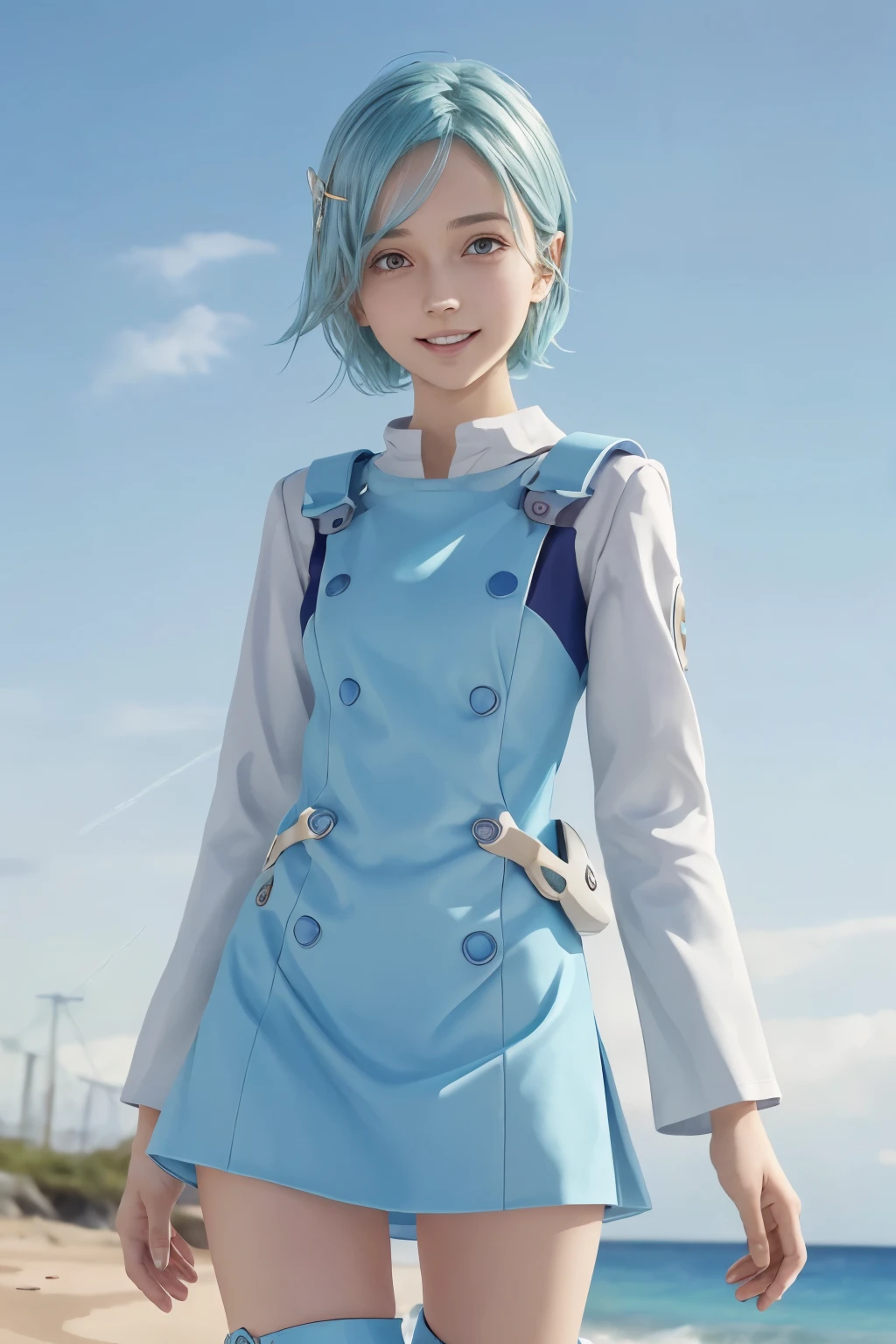  1 girl, Alone,  upper body、 short hair, purple eyes,  thigh strap to hide one ear,  hair ornament,  hair clip,  aqua hair,  open mouth, smile,  dress,  Long Sleeve , looking at viewer, short  dress,  lean forward,  knee boots ,  blue background,  thigh pouch to hide one ear, , masterpiece ,8k unity wallpaper, Anime Key Visual , top quality,  high definition ,  Unity 8K Wallpaper , (shape:0.8),  highly detailed faces, high definition eyes ,Shining Eyes , shiny skin, fine skin, white skin,Dark Skin, detailed hair,Highly detailed legs,perfect lighting,  CG in detail, (perfect hand,  Perfect Anatomy), high definition , Anime Key Visual ,(Detailed wear ),Thin limbs, delicate curves, Graceful Hands, Small Feet,shape:0.8, anime coloring,