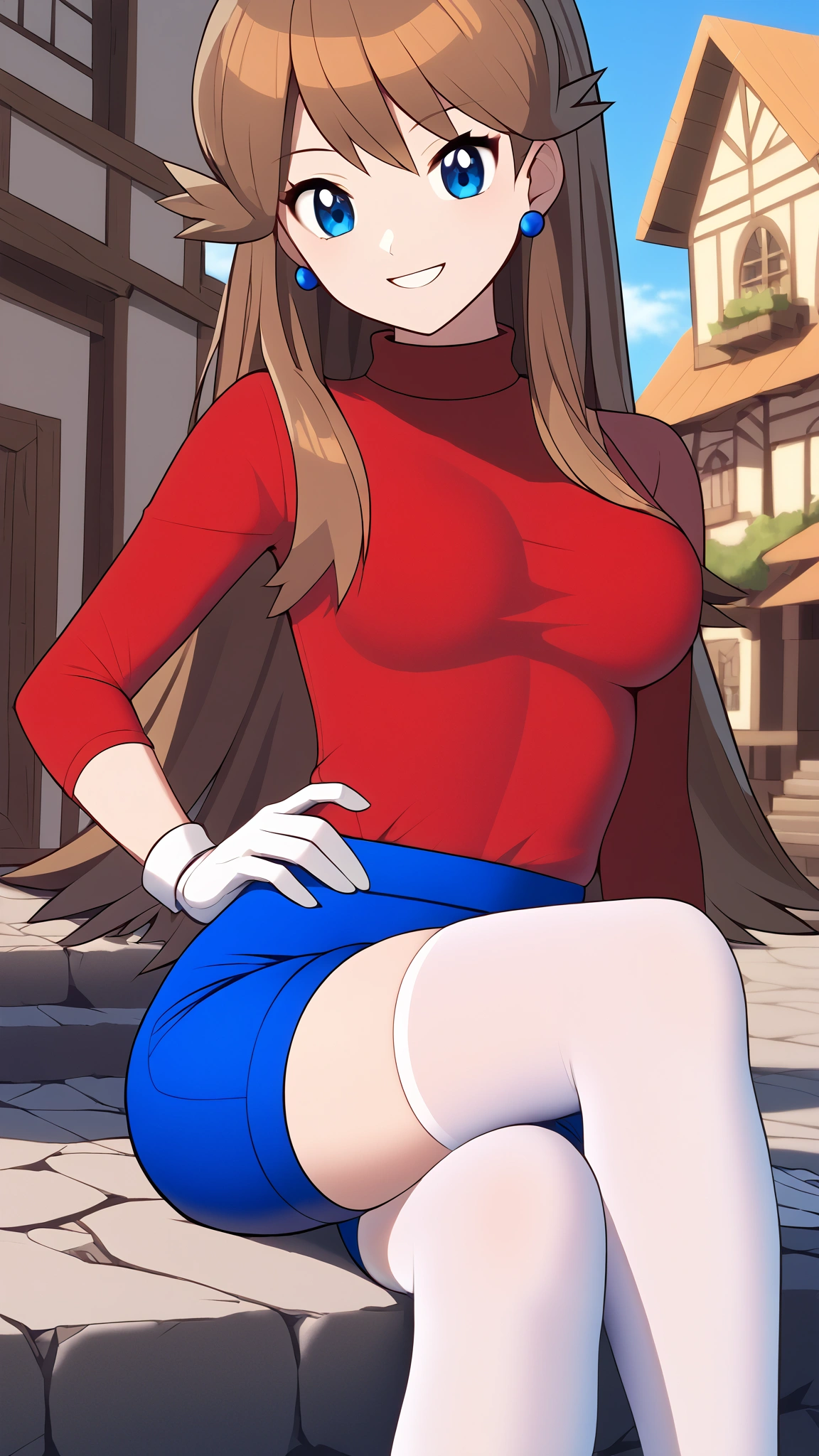  orange brown hair color,  long hair,  blue eyes, red long sleeve shirt , blue shorts overalls,  white knee-high stockings reflective on glass floors,  absolute domain,  Tall,  ANIME COLORING BOOK,  viewers of the pin, 1 Female, Age 18,  standing with different breasts , Three idiot hairs ,  with bangs, whole body, Place one hand on hip,  slim figure,  sexy smile,  Seductive Smile, Ample breasts, orange laces ,  top quality,  Detailed Background , Outdoor, town,  break 1 girl sitting, Alone, (\ Pokémon\),  score_9,  score_8_Excellent,  score_7_Excellent,  score_6_Excellent,  source_Anime,  cell shading ,  Flat Color , vector, Two legs,