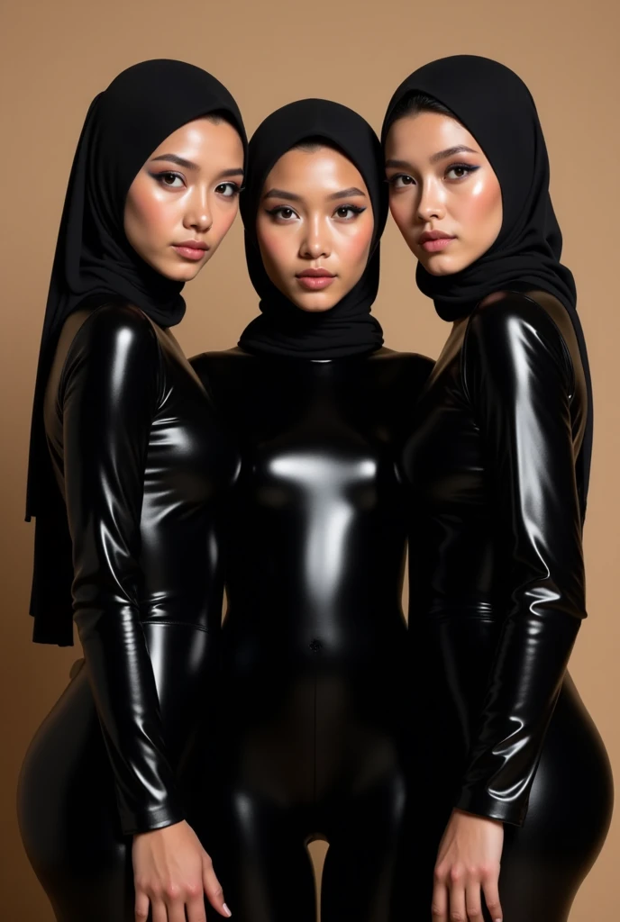 3 beautiful,thin,most pretty and clever Asian muslimah women with beautiful cheeks wear plains zebra print lycra footed turtleneck unitard catsuit covered with stripes and plains zebra print lycra elastane stretchy dancewear hood hijab covered with stripes.They are sleeping on the mattress