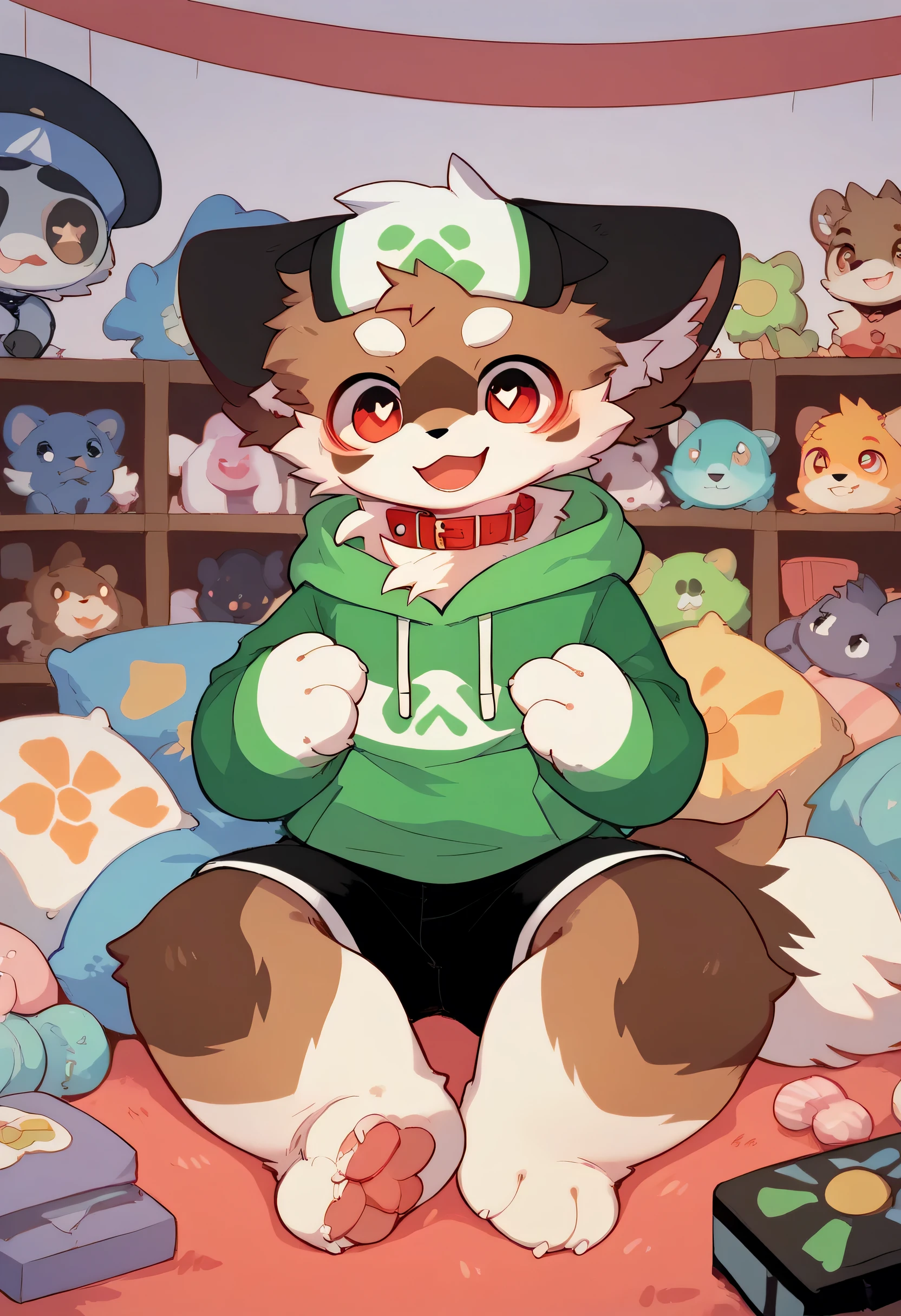  very detailedな, very detailed, brown fur gray hair ,Brown Hair,,male,骨 を見てExcited,Heart Eyes,participate, green white and colored hat, cute face,Sitting！,Red collar,black ears , fluffy fur like one,Excited,Horny boy,Beautiful room, 's room ,Smiling face,Dropped ears, let's play with toys! my mental age is  ,Want, black shorts,green and white hoodie 