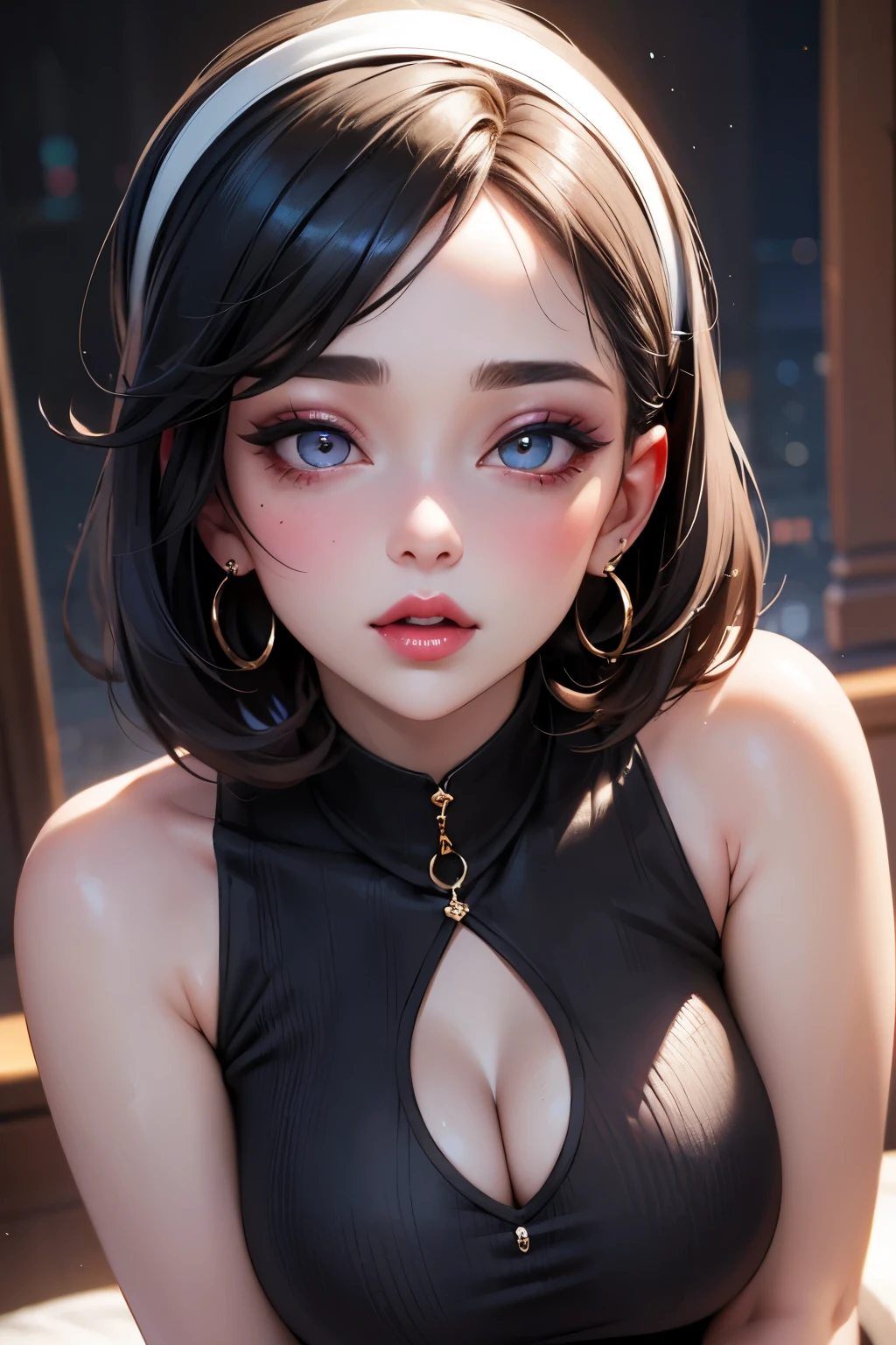 Amazing portrait of a sexy woman with a beautiful face emphasized by amazing makeup and beautifully detailed eyes with perfect lips wearing her short blue hair in a bob with a white hairband blushing intensely as she's flustered and lustful wearing some elegant earrings and a blue sleeveless sweater accentuating her medium chest paired with a brown skirt that accentuates her thick curvy body making her look hot with vibrant colors and soft lighting, smiling