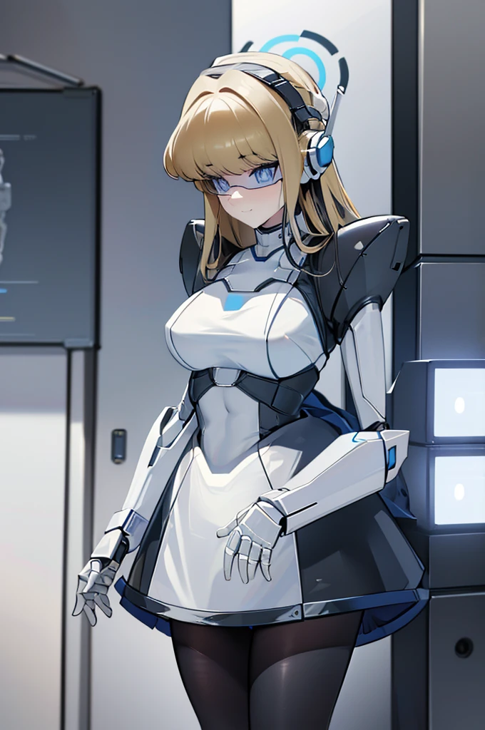 masterpiece, best quality, extremely detailed, (8K, 4K, Best Quality, hight resolution, 超A high resolution:1.1), ,8k portrait, Japaese android Girl,Plump , dark black leg cover,announcer,control panels,android,Droid,Mechanical Hand, Robot arms and legs, Black Robot Parts,Black hair,Mechanical body,Blunt bangs,perfect mechanical abdomen,White robotics parts,perfect robot woman,future laboratory,cyber pank,charging spot,laboratory,long tube,thick cable connected her neck,white ceramic body ,perfect mechanical body, white robot body,lod antenna,mechanical ear cover,android,robot humanoid,black sponge joints,The removable cover is in the groin,The connection port is in the groin,opened chest panel,access panel on the chest,opened breast panel,perfect mechanical breast,perfect machine body,perfect android body,She has repaired,assembly plant,miniskirt,dark black tights,dark black leggings,smile