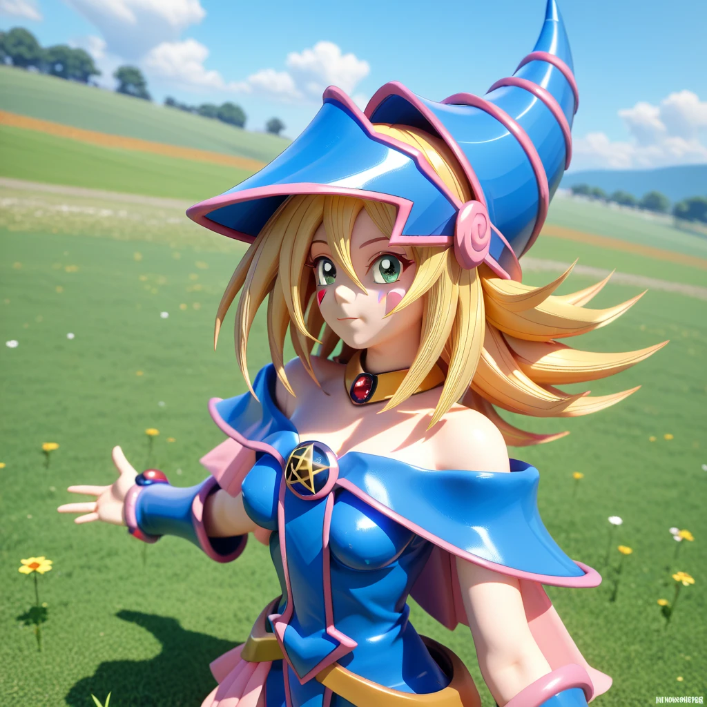 1girl, Solo, High Resolution, Masterpiece, Accurate, Anatomically Correct, Award Winning, Best Quality, Super Detailed, Textured Skin, Sparkle, Unreal Engine, Anime Style, 3D Rendering, Dark Magician Girl (Yu Gi Oh), Blue Female Ninja Outfit, Field