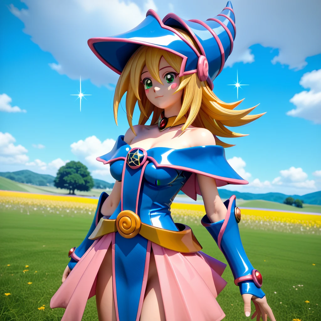 1girl, Solo, High Resolution, Masterpiece, Accurate, Anatomically Correct, Award Winning, Best Quality, Super Detailed, Textured Skin, Sparkle, Unreal Engine, Anime Style, 3D Rendering, Dark Magician Girl (Yu Gi Oh), Blue Female Ninja Outfit, Field