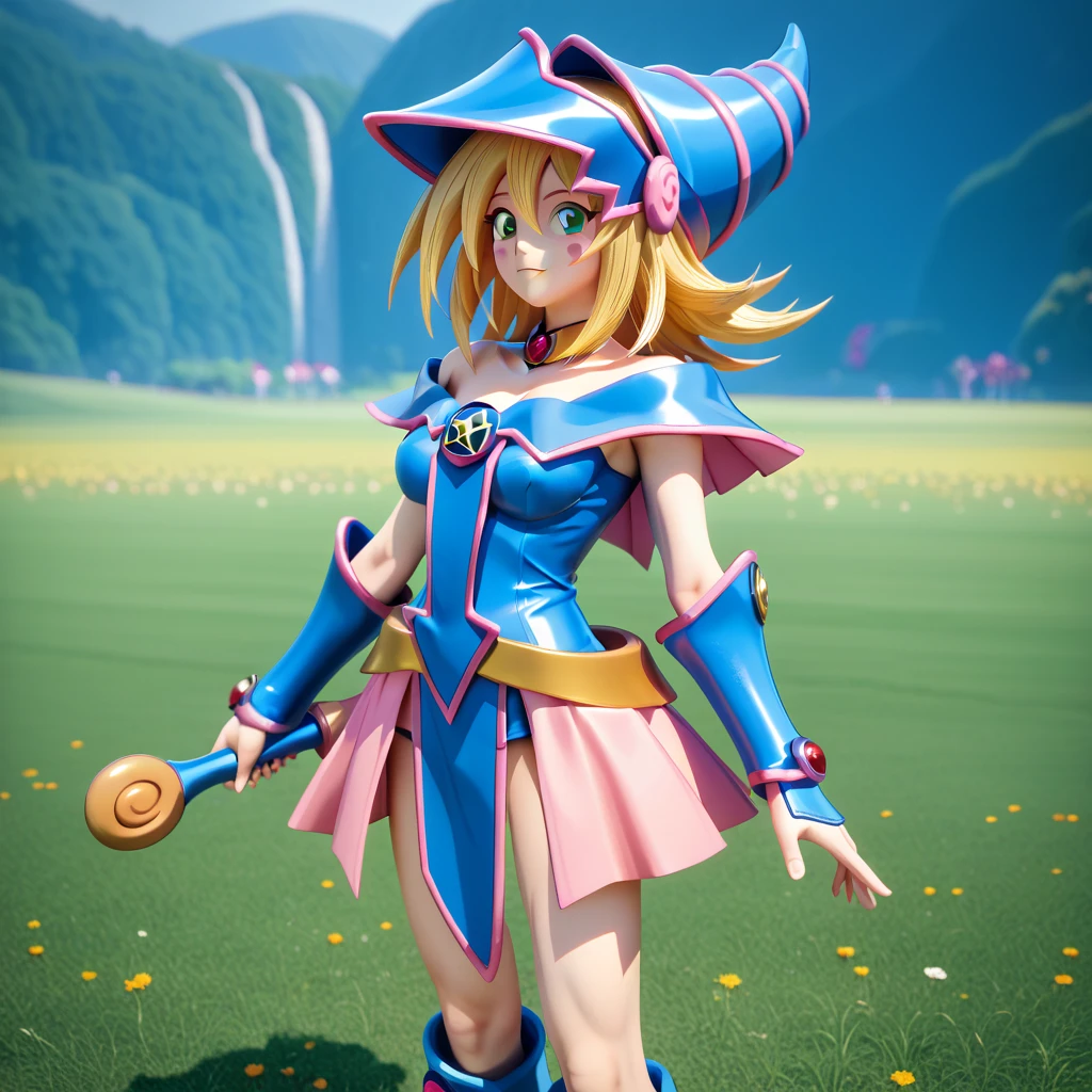 1girl, Solo, High Resolution, Masterpiece, Accurate, Anatomically Correct, Award Winning, Best Quality, Super Detailed, Textured Skin, Sparkle, Unreal Engine, Anime Style, 3D Rendering, Dark Magician Girl (Yu Gi Oh), Blue Female Ninja Outfit, Field