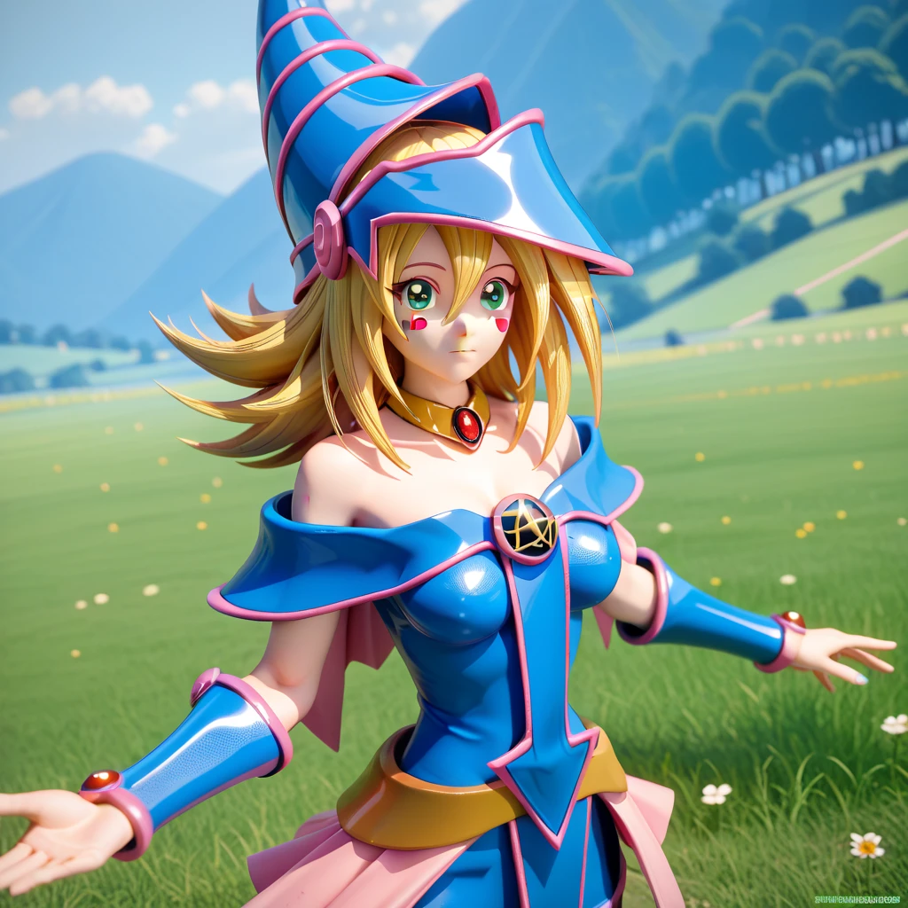 1girl, Solo, High Resolution, Masterpiece, Accurate, Anatomically Correct, Award Winning, Best Quality, Super Detailed, Textured Skin, Sparkle, Unreal Engine, Anime Style, 3D Rendering, Dark Magician Girl (Yu Gi Oh), Blue Female Ninja Outfit, Field