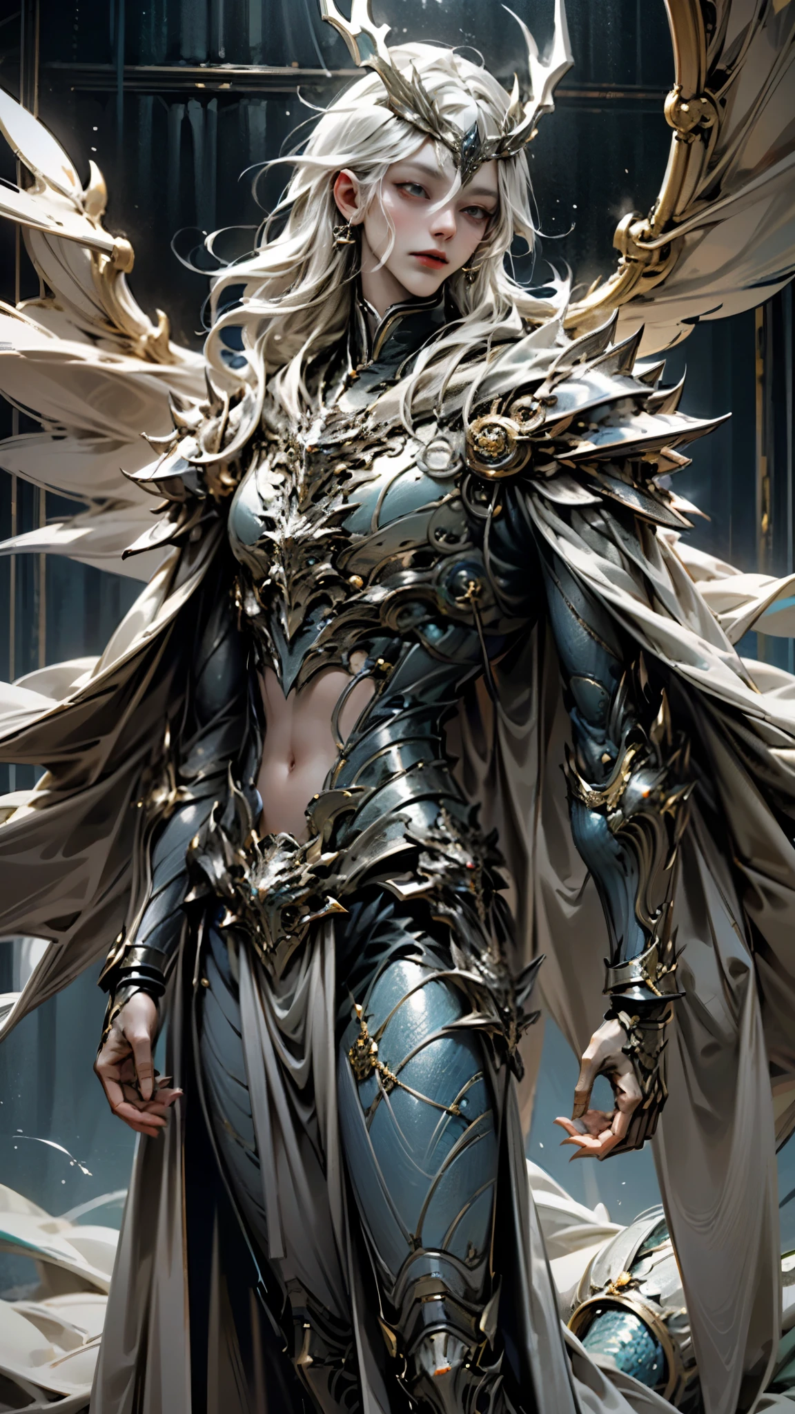 a very detailed picture of an epic Renaissance vampire alien man, long white hair hanging down to the waist and 、 he has complex white eyes that radiate a mysterious glow 。. fantastic appearance 、 super detailed , is a 32K resolution image that captures every detail , from dynamic lighting that illuminates his delicate expression 、 up to his covered belly button adorned with precious jewels . The vampire Alien Man is a marvel of machines , 彼の super detailed , The exquisitely designed body is a hot topic on Artstation . he is wearing a voluminous white luxury suit , embodies the pinnacle of Balenciaga style 、male、 Blue Cloak、 voluminous cloak 、 Dragon Wings 、 big wings、has a trident、 dragon tail、The color of the cloak is blue 、 dragon scales on the cheeks、