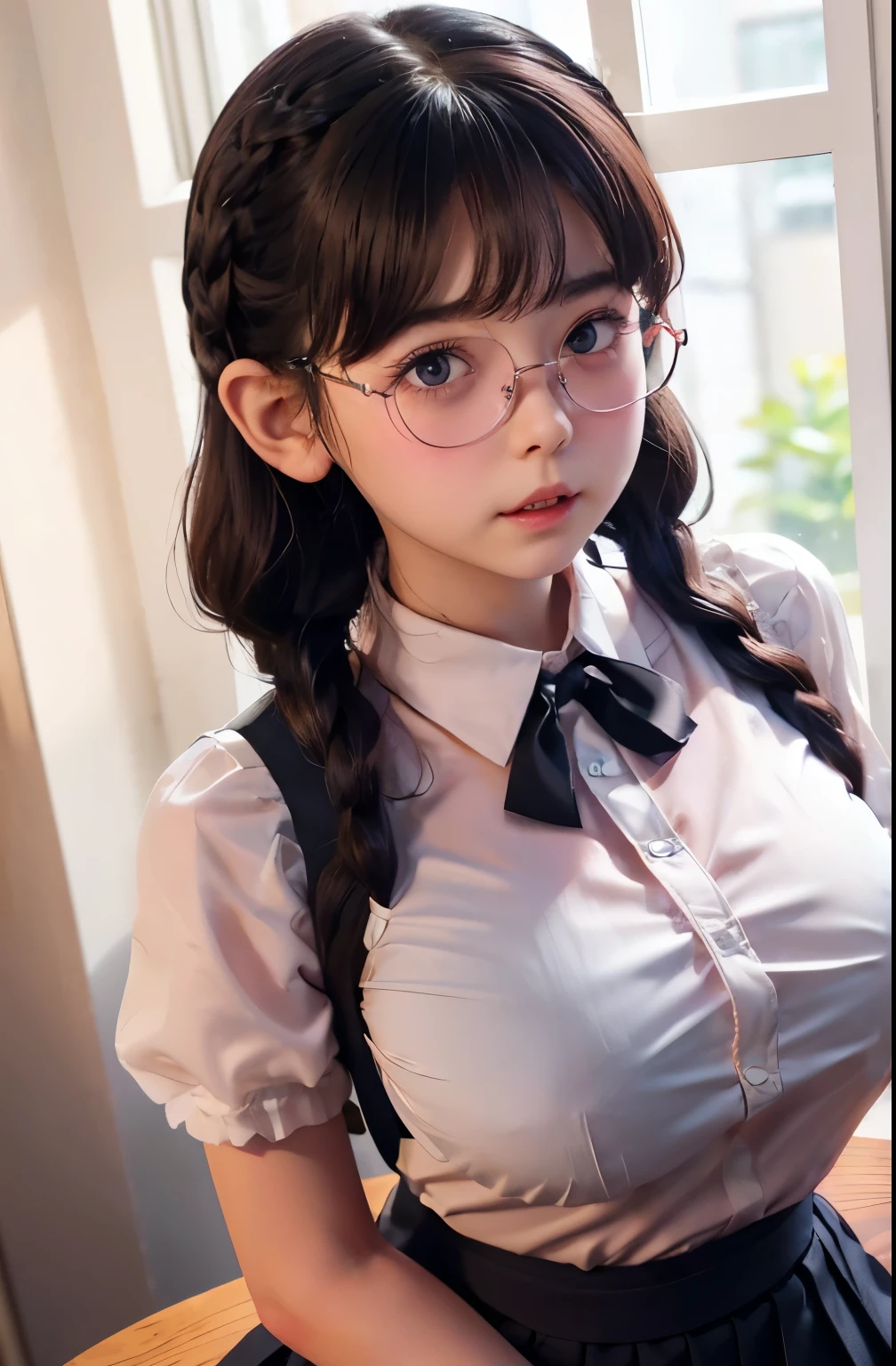 1 Female,Brown Hair, ,((Anxious expression)),Beautiful breasts,uniform,Stylish,,(Look forward)(((Blushing、Surprised expression)),(((Braid))),((( Full body portrait)))Frameless Glasses