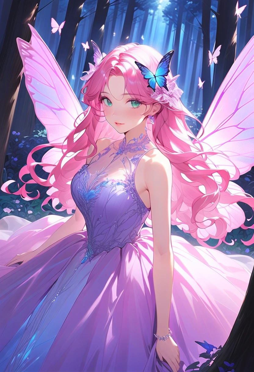 (masterpiece), best quality, expressive eyes, perfect face, perfect lighting, extreme detail, 8k, bioluminescence. 1girl, fairy, blonde to pink hair, butterfly wings, ((dress made of leaves)) forest, dawn, sultry adult figure, (detailed eyes)