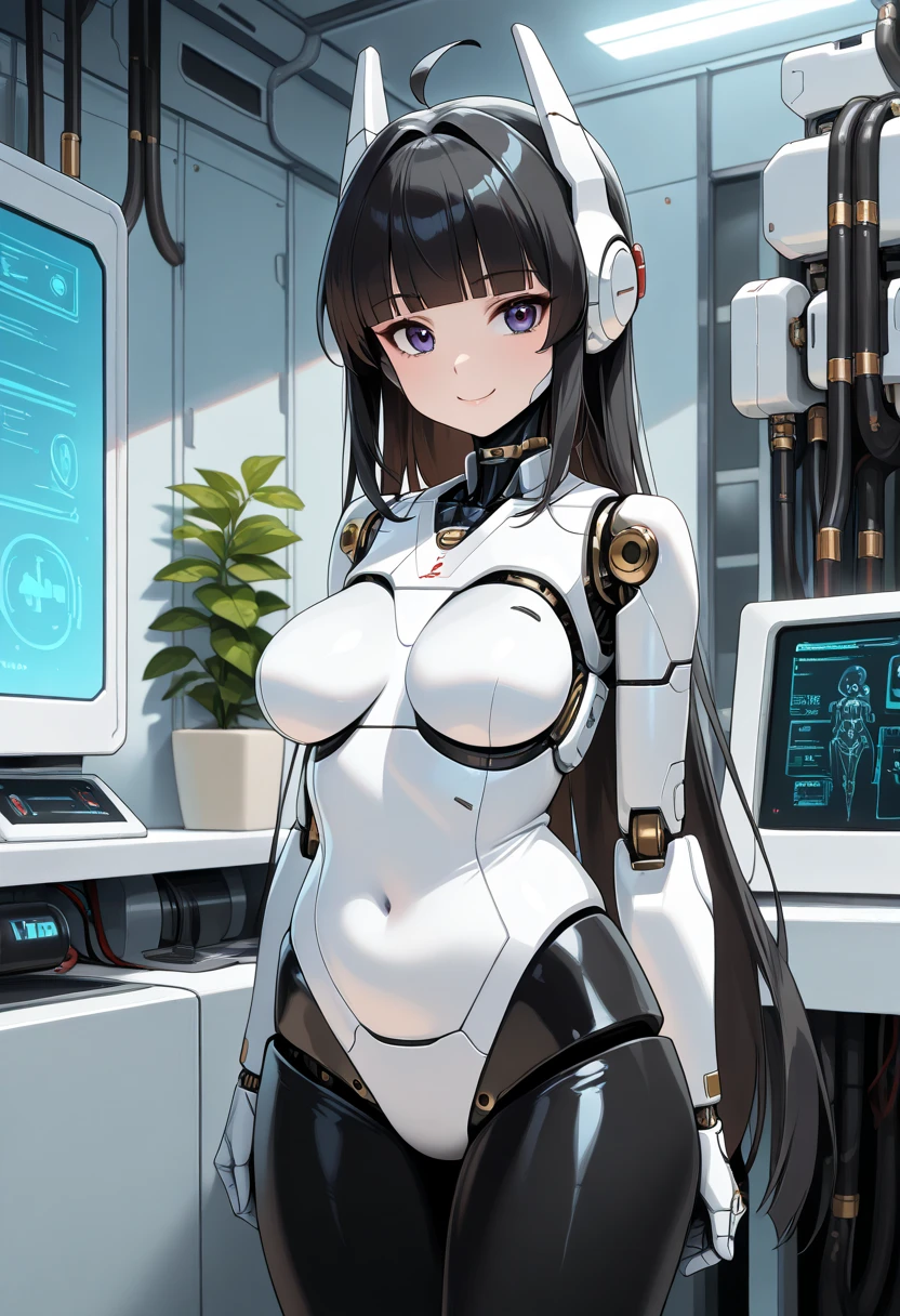 masterpiece, best quality, extremely detailed, (8K, 4K, Best Quality, hight resolution, 超A high resolution:1.1), ,8k portrait, Japaese android Girl,Plump , dark black leg cover,announcer,control panels,android,Droid,Mechanical Hand, Robot arms and legs, Black Robot Parts,Black hair,Mechanical body,Blunt bangs,perfect mechanical abdomen,White robotics parts,perfect robot woman,future laboratory,cyber pank,charging spot,laboratory,long tube,thick cable connected her neck,white ceramic body ,perfect mechanical body, white robot body,lod antenna,mechanical ear cover,android,robot humanoid,black sponge joints,The removable cover is in the groin,The connection port is in the groin,opened chest panel,access panel on the chest,opened breast panel,perfect mechanical breast,perfect machine body,perfect android body,She has repaired,assembly plant,dark black tights,dark black leggings,smile