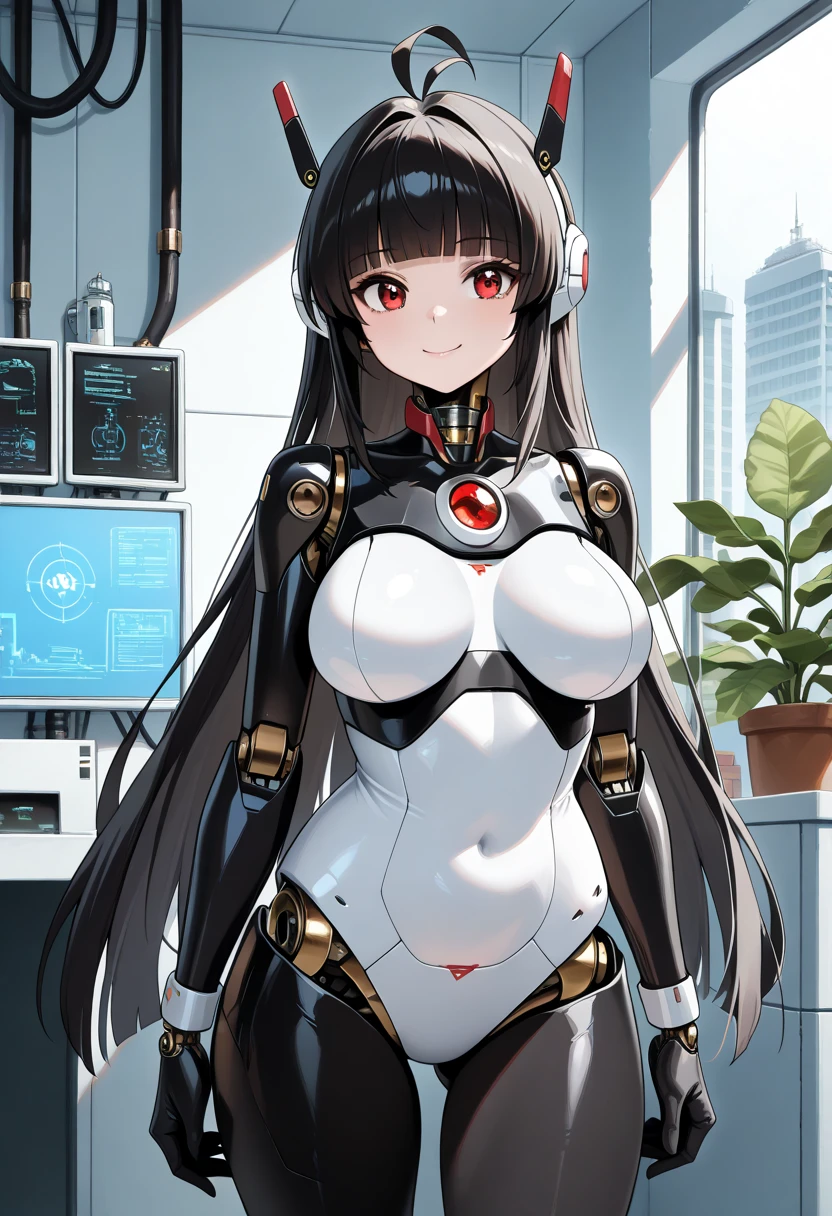 masterpiece, best quality, extremely detailed, (8K, 4K, Best Quality, hight resolution, 超A high resolution:1.1), ,8k portrait, Japaese android Girl,Plump , dark black leg cover,announcer,control panels,android,Droid,Mechanical Hand, Robot arms and legs, Black Robot Parts,Black hair,Mechanical body,Blunt bangs,perfect mechanical abdomen,White robotics parts,perfect robot woman,future laboratory,cyber pank,charging spot,laboratory,long tube,thick cable connected her neck,white ceramic body ,perfect mechanical body, white robot body,lod antenna,mechanical ear cover,android,robot humanoid,black sponge joints,The removable cover is in the groin,The connection port is in the groin,opened chest panel,access panel on the chest,opened breast panel,perfect mechanical breast,perfect machine body,perfect android body,She has repaired,assembly plant,dark black tights,dark black leggings,smile