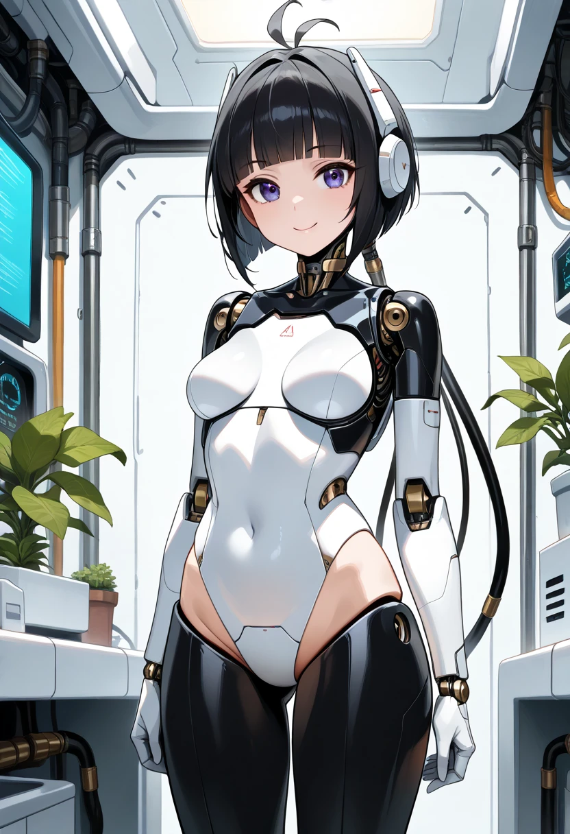 masterpiece, best quality, extremely detailed, (8K, 4K, Best Quality, hight resolution, 超A high resolution:1.1), ,8k portrait, Japaese android Girl,Plump , dark black leg cover,announcer,control panels,android,Droid,Mechanical Hand, Robot arms and legs, Black Robot Parts,Black hair,Mechanical body,Blunt bangs,perfect mechanical abdomen,White robotics parts,perfect robot woman,future laboratory,cyber pank,charging spot,laboratory,long tube,thick cable connected her neck,white ceramic body ,perfect mechanical body, white robot body,lod antenna,mechanical ear cover,android,robot humanoid,black sponge joints,The removable cover is in the groin,The connection port is in the groin,opened chest panel,access panel on the chest,opened breast panel,perfect mechanical breast,perfect machine body,perfect android body,She has repaired,assembly plant,dark black tights,dark black leggings,smile