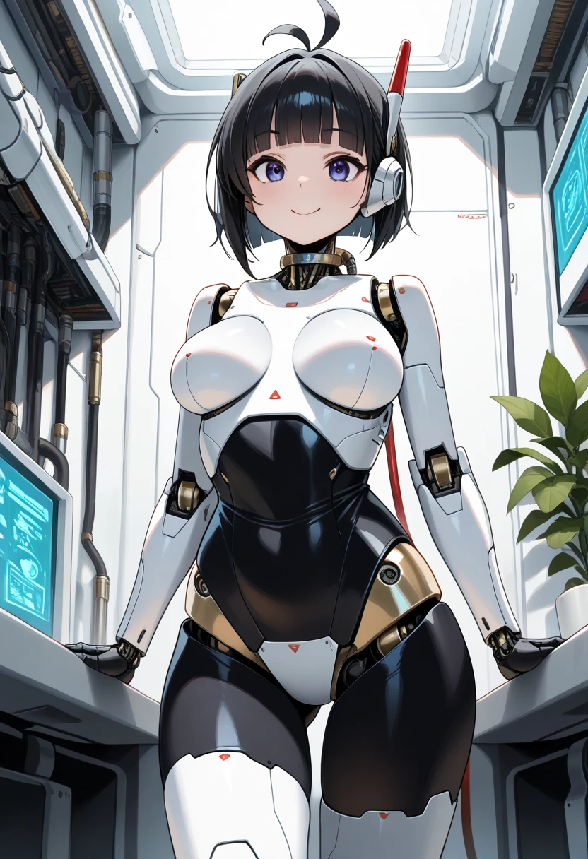 masterpiece, best quality, extremely detailed, (8K, 4K, Best Quality, hight resolution, 超A high resolution:1.1), ,8k portrait, Japaese android Girl,Plump , dark black leg cover,announcer,control panels,android,Droid,Mechanical Hand, Robot arms and legs, Black Robot Parts,Black hair,Mechanical body,Blunt bangs,perfect mechanical abdomen,White robotics parts,perfect robot woman,future laboratory,cyber pank,charging spot,laboratory,long tube,thick cable connected her neck,white ceramic body ,perfect mechanical body, white robot body,lod antenna,mechanical ear cover,android,robot humanoid,black sponge joints,The removable cover is in the groin,The connection port is in the groin,opened chest panel,access panel on the chest,opened breast panel,perfect mechanical breast,perfect machine body,perfect android body,She has repaired,assembly plant,dark black tights,dark black leggings,smile