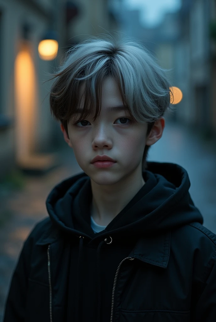 Asian boy wearing a coat, black hair with mullet, white skin, cool, young delinquent, modern clothes